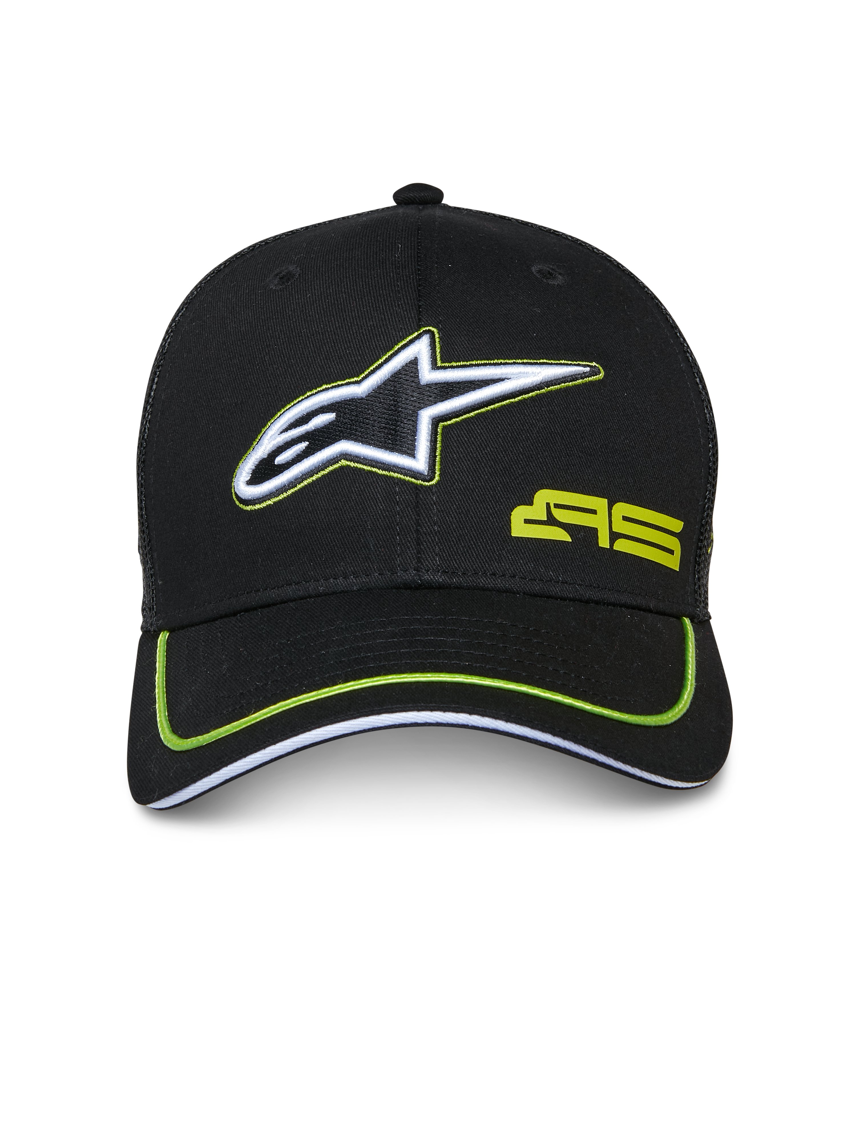Alpinestars Exceed Trucker pet, zwart met limoengroene accenten, geborduurd wit en zwart sterlogo, limoengroen AS-logo, gebogen klep met neon bies, casual motorsport-geïnspireerde pet