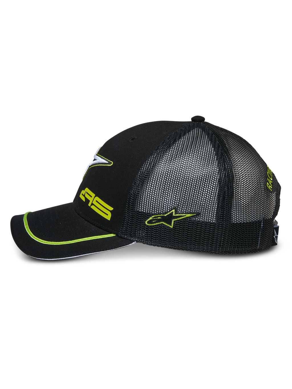 Alpinestars Exceed Trucker pet, zijprofiel van een zwarte snapback cap met een zwarte mesh achterkant, gebogen klep met neon groene bies, neon groen geborduurde logo's, casual motorsport hoofdbedekking