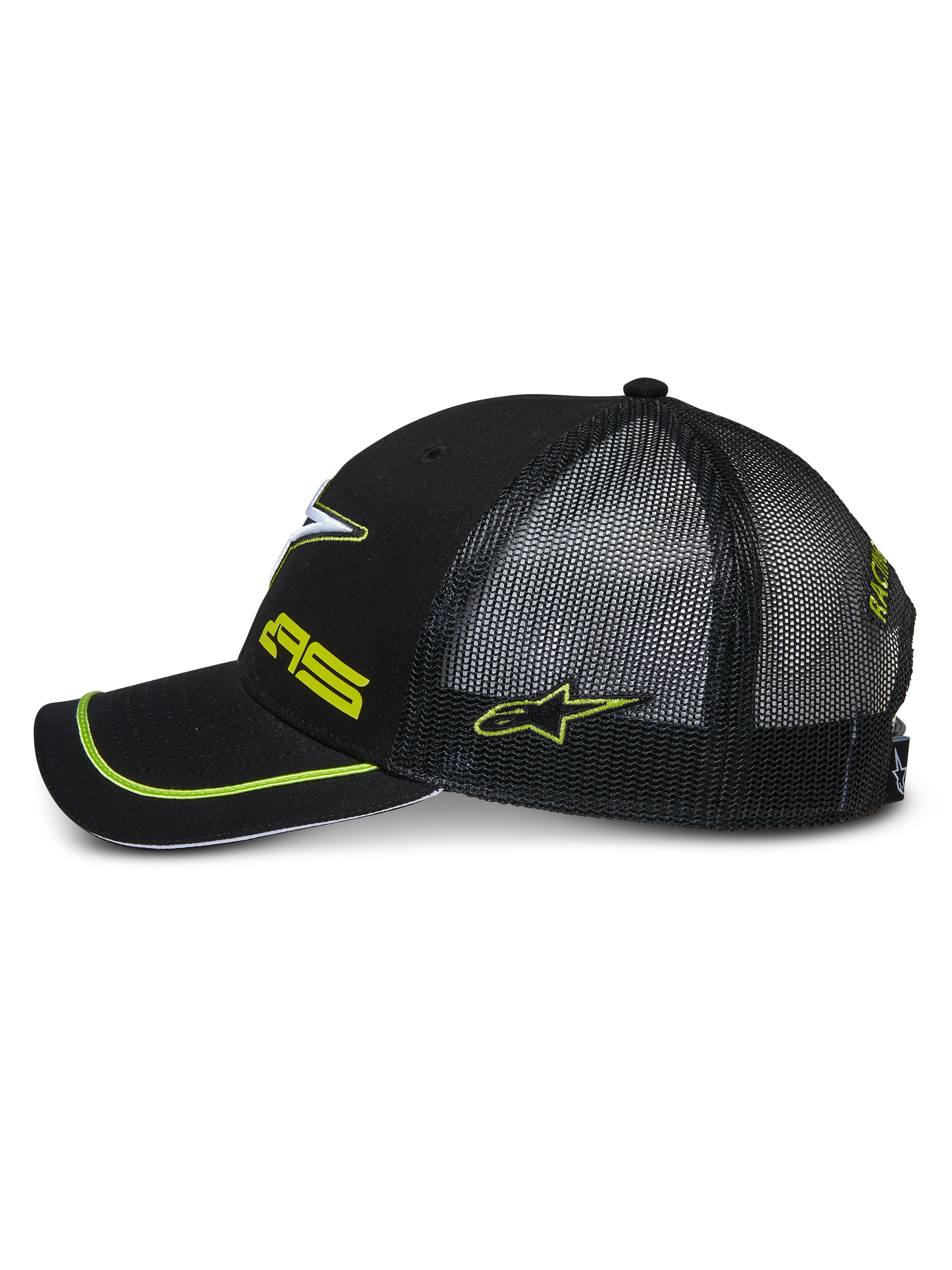 Alpinestars Exceed Trucker pet, zijprofiel van een zwarte snapback cap met een zwarte mesh achterkant, gebogen klep met neon groene bies, neon groen geborduurde logo's, casual motorsport hoofdbedekking
