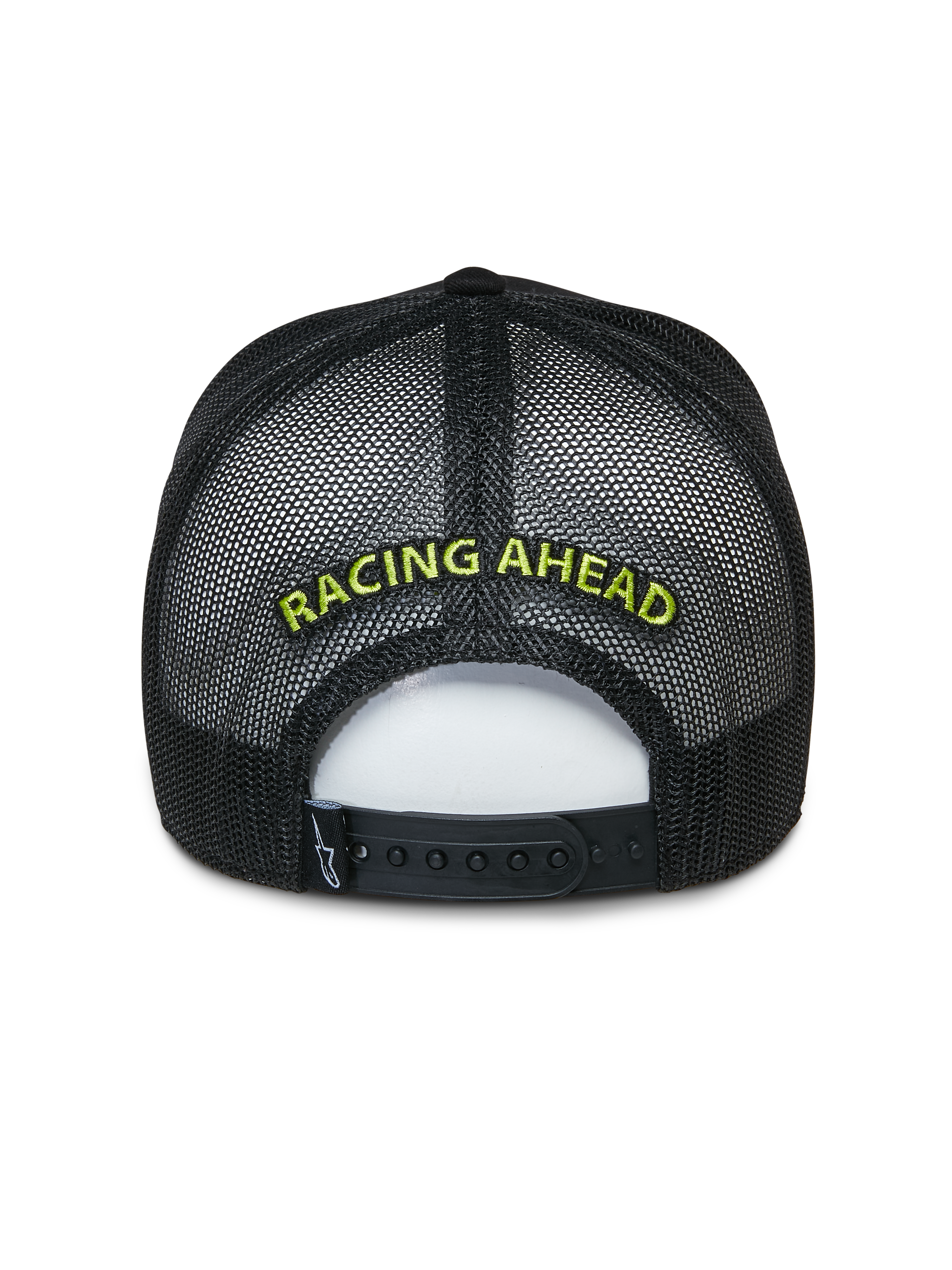 Alpinestars Exceed Trucker Hat, zwarte truckerpet, achteraanzicht met mesh panelen en snapback-sluiting, limegroen 'RACING AHEAD' borduursel, casual motorsport-geïnspireerde hoofdbedekking
