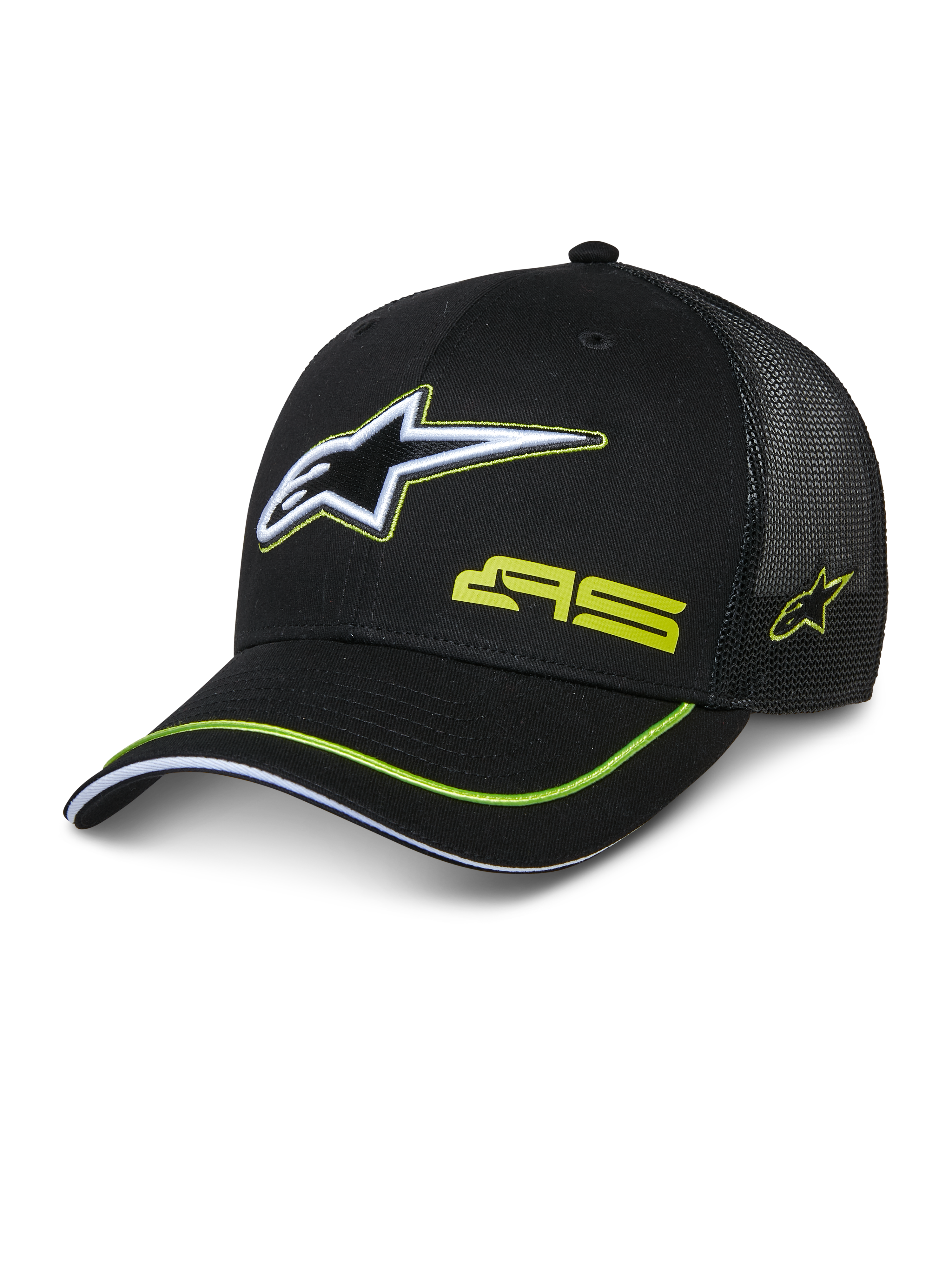 Alpinestars Exceed Trucker Hat, zwarte truckerpet met gestructureerde voorzijde en mesh achterkant, groot wit en limegroen geborduurd Astars-logo, AS-branding op de kroon, gebogen klep met limegroene bies, casual motorsport-hoofddeksel