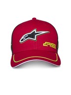 Alpinestars Exceed Trucker pet, rood en zwart, gebogen klep met limoengroene bies, 3D-geborduurd Alpinestars-logo, zwarte mesh achterzijde, gestructureerde kroon, casual motorsport hoofdbedekking
