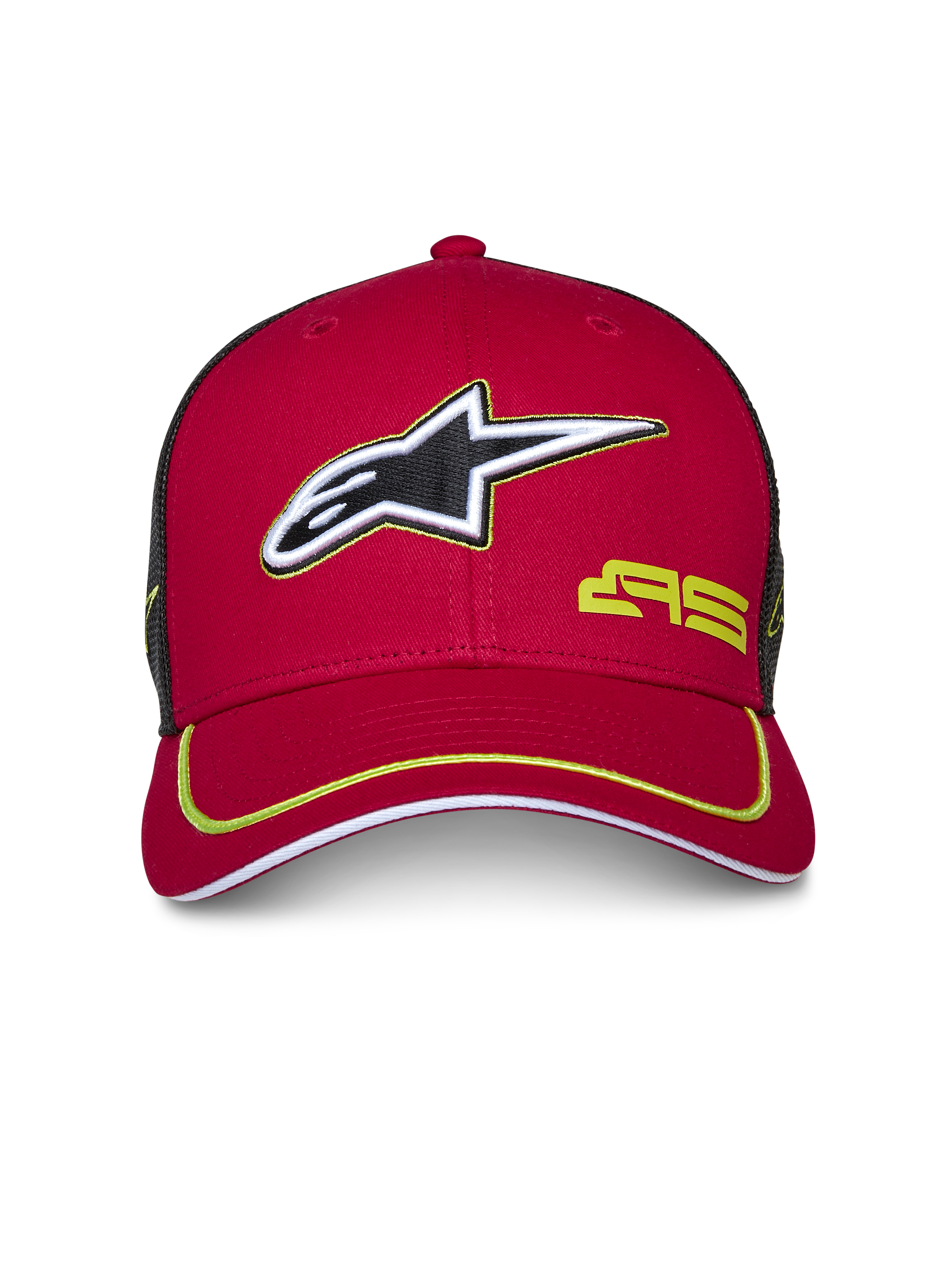 Alpinestars Exceed Trucker pet, rood en zwart, gebogen klep met limoengroene bies, 3D-geborduurd Alpinestars-logo, zwarte mesh achterzijde, gestructureerde kroon, casual motorsport hoofdbedekking