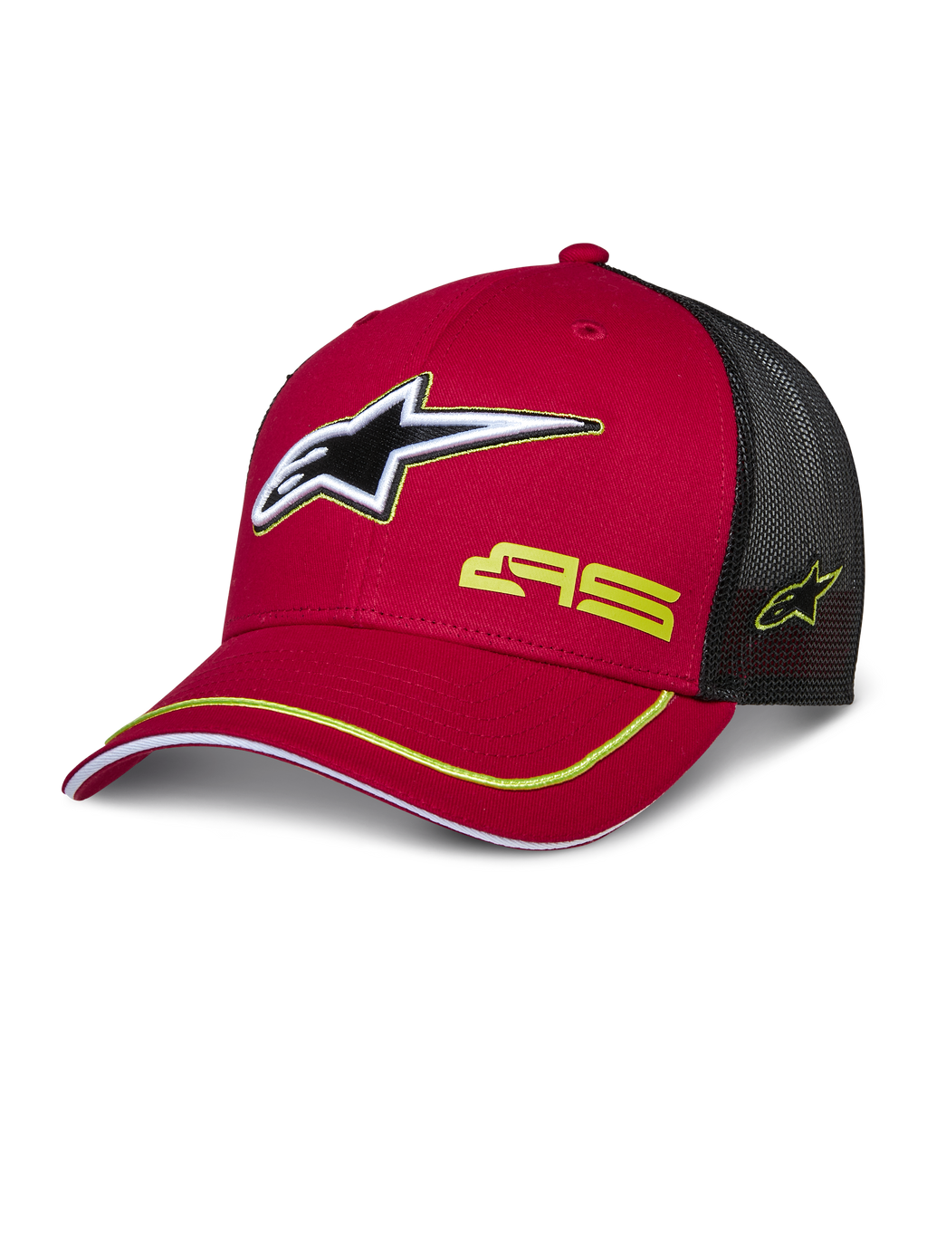 Alpinestars Exceed Trucker Hat, rood en zwart, baseballcap met mesh achterkant, voorzien van 3D-sterlogo, gele AS-branding en gele accentbies op de gebogen klep.