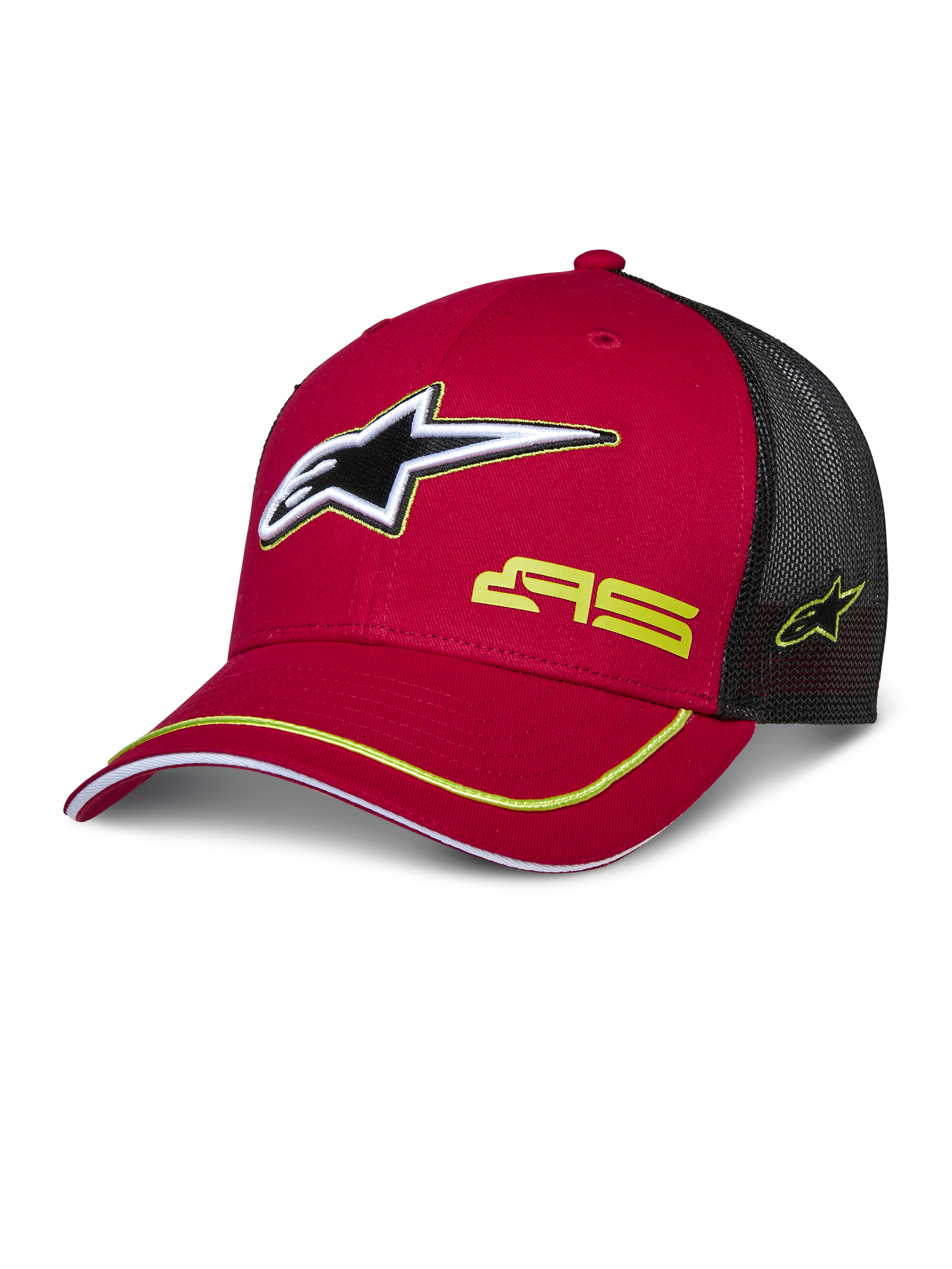 Alpinestars Exceed Trucker Hat, rood en zwart, baseballcap met mesh achterkant, voorzien van 3D-sterlogo, gele AS-branding en gele accentbies op de gebogen klep.