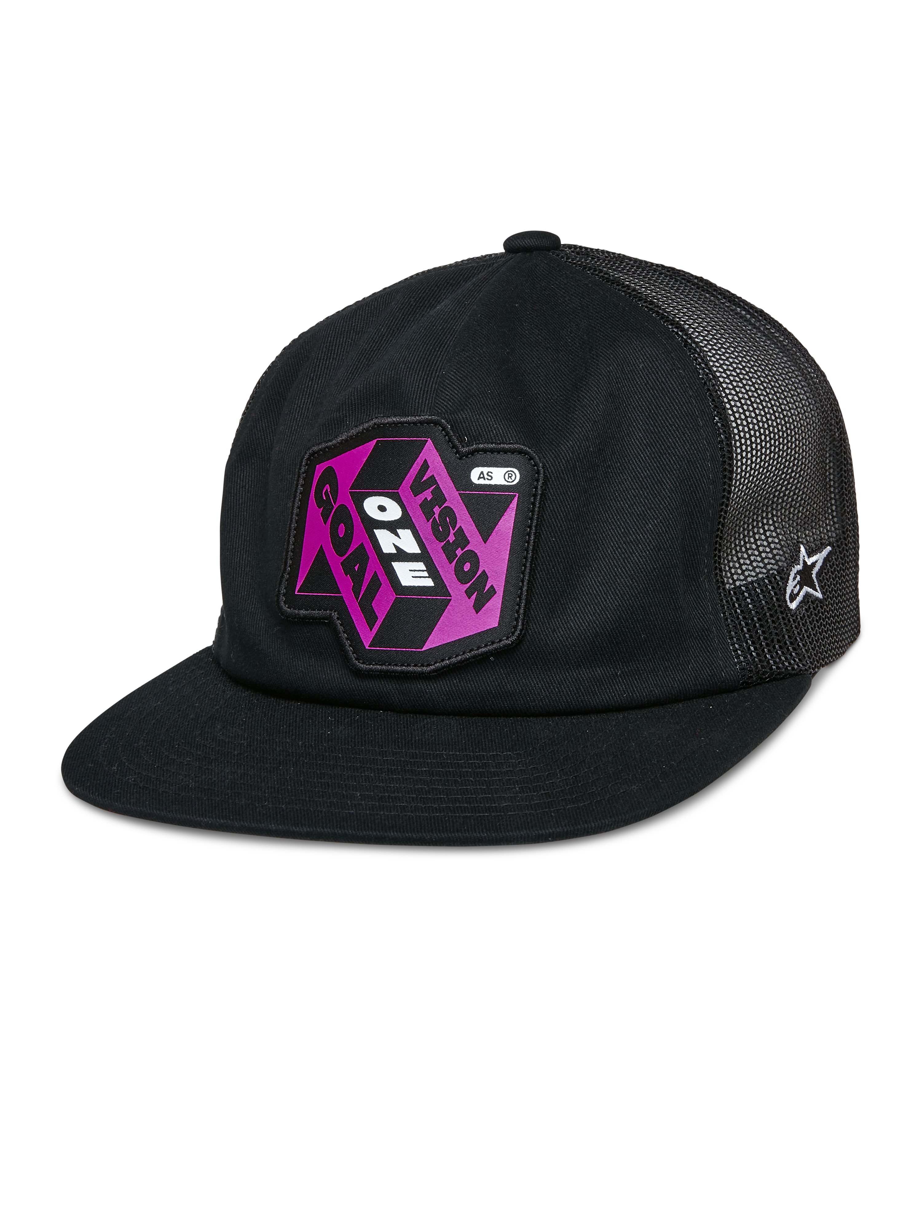 Alpinestars That Way Trucker Hat, zwarte snapback-pet met mesh achterzijde, platte klep, roze en paarse 'Vision One Goal' patch, wit Alpinestars sterlogo, casual sportkleding