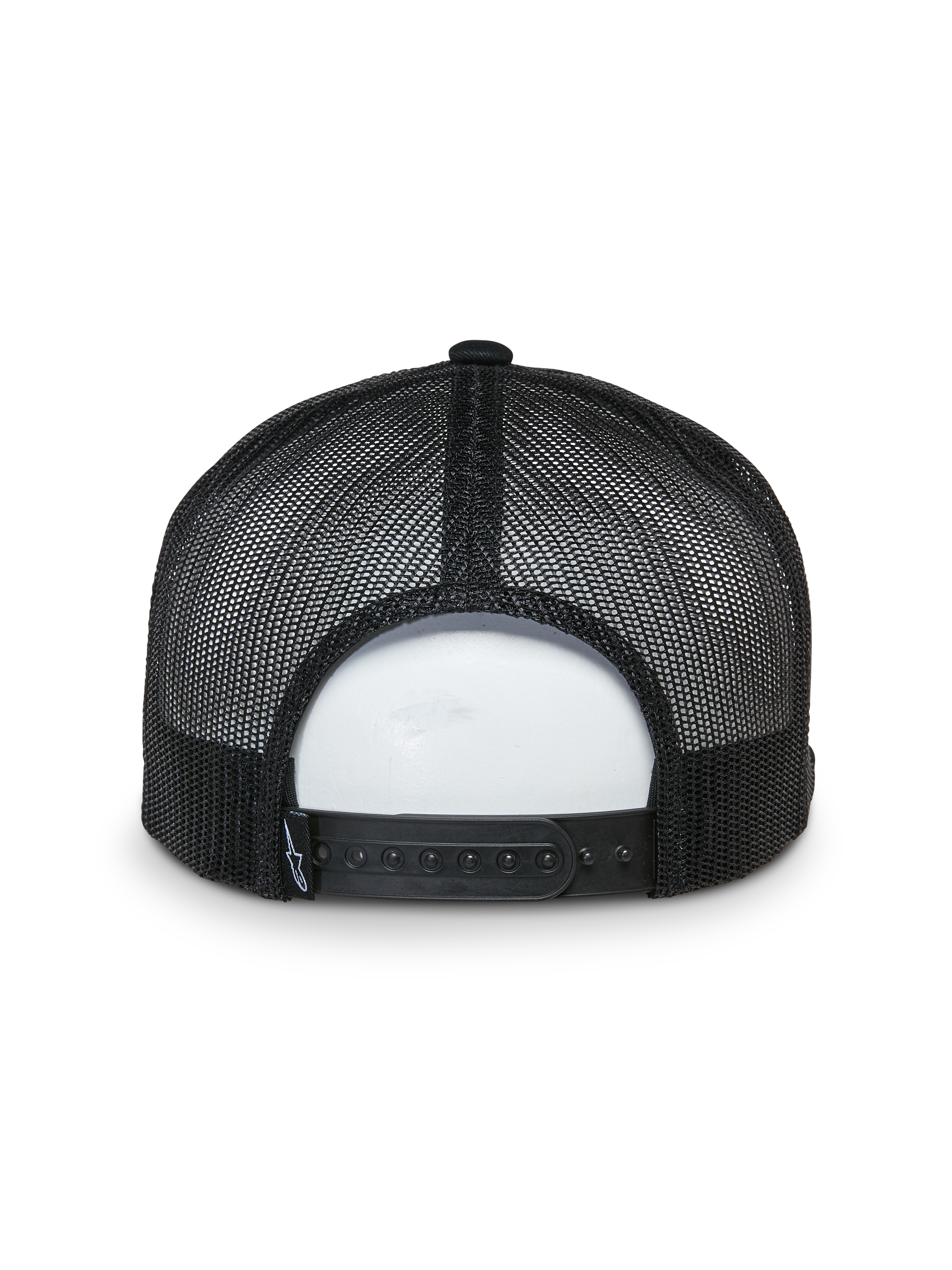 Alpinestars That Way Trucker pet, achteraanzicht, zwart, mesh panelen aan de achterzijde met verstelbare snapback-sluiting, klein geweven logo-label, casual op motorsport geïnspireerde hoofdbedekking