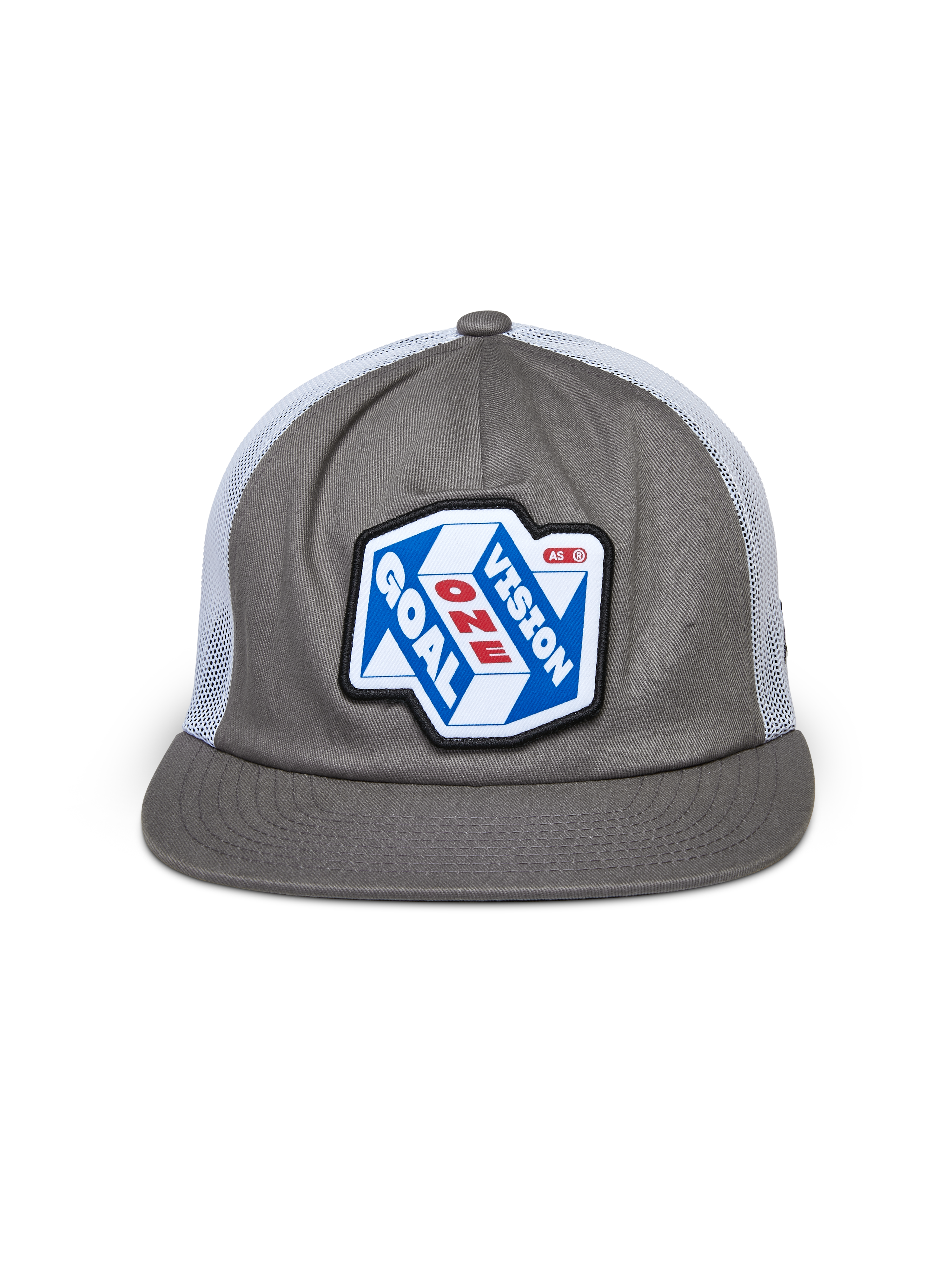 Alpinestars That Way Trucker Pet, grijs en wit, gestructureerde kroon met platte klep en witte mesh achterkant, voorzien van een grote patch op de voorzijde met 'One Goal One Vision' graphic, casual motorsport streetwear