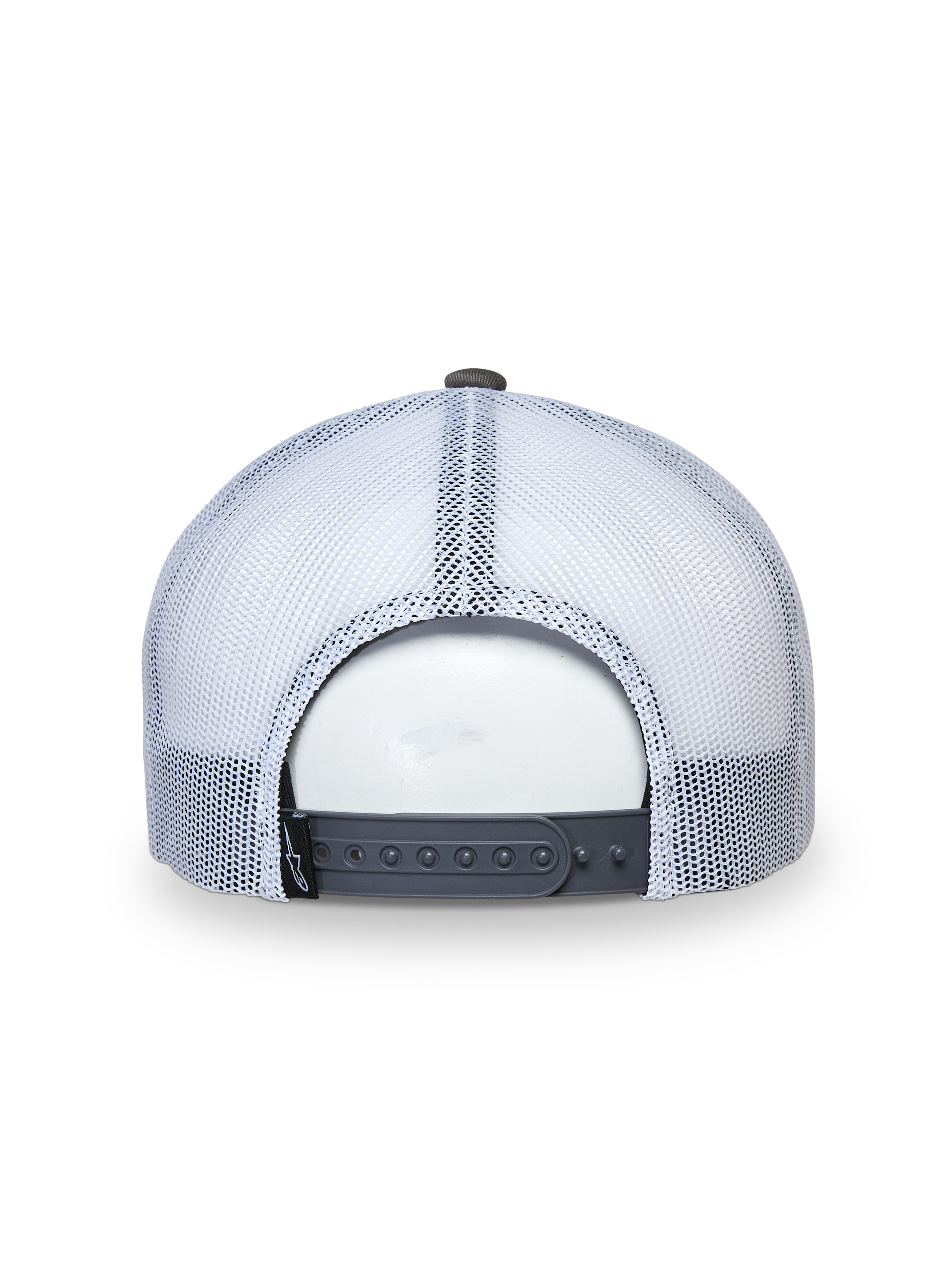 Alpinestars That Way Trucker pet, truckerpet, grijs en wit, achteraanzicht met witte mesh panelen en grijze snapback-sluiting, verstelbare pasvorm, casual sportswear hoofdbedekking