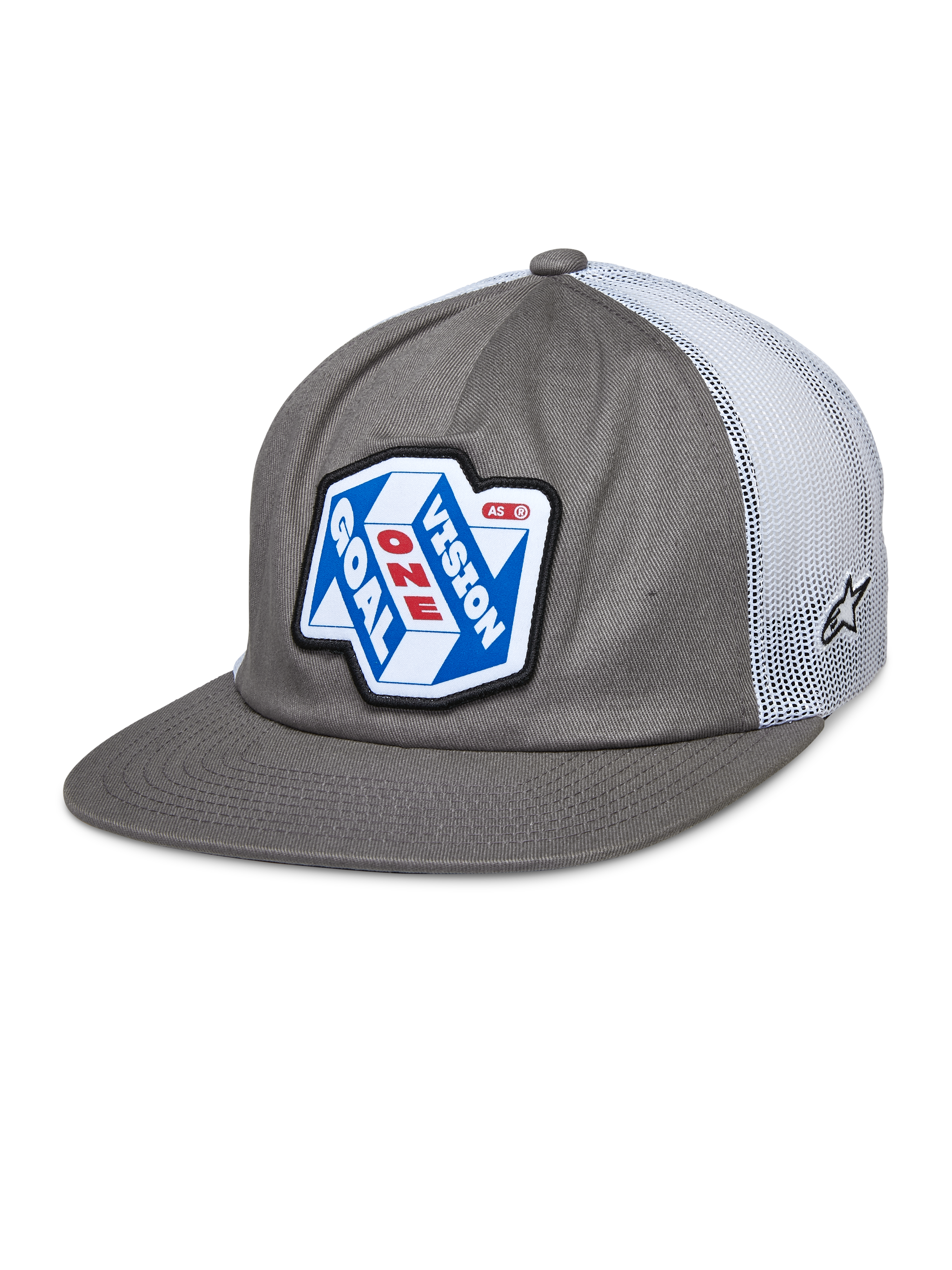Alpinestars That Way Trucker Hat, grijze en witte snapback pet met mesh achterkant, blauwe en witte grafische patch met 'ONE GOAL VISION' in rood en wit, platte klep, klein sterlogo op het mesh, casual motorsportstijl