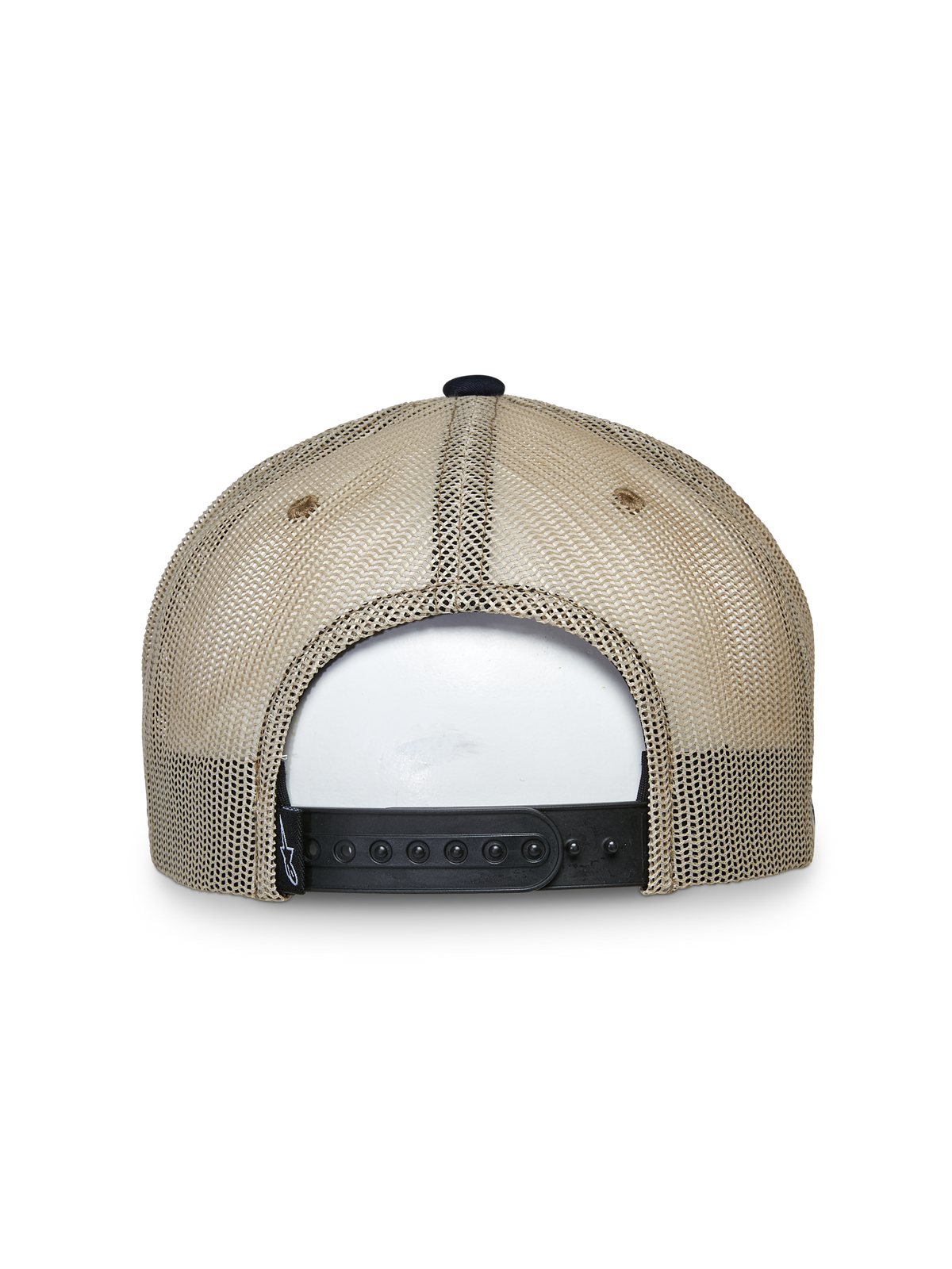Alpinestars Mackinic Trucker Hat, trucker pet, marineblauw en khaki, achteraanzicht met beige mesh-panelen en een zwarte verstelbare snapback-sluiting, casual lifestyle hoofdbedekking