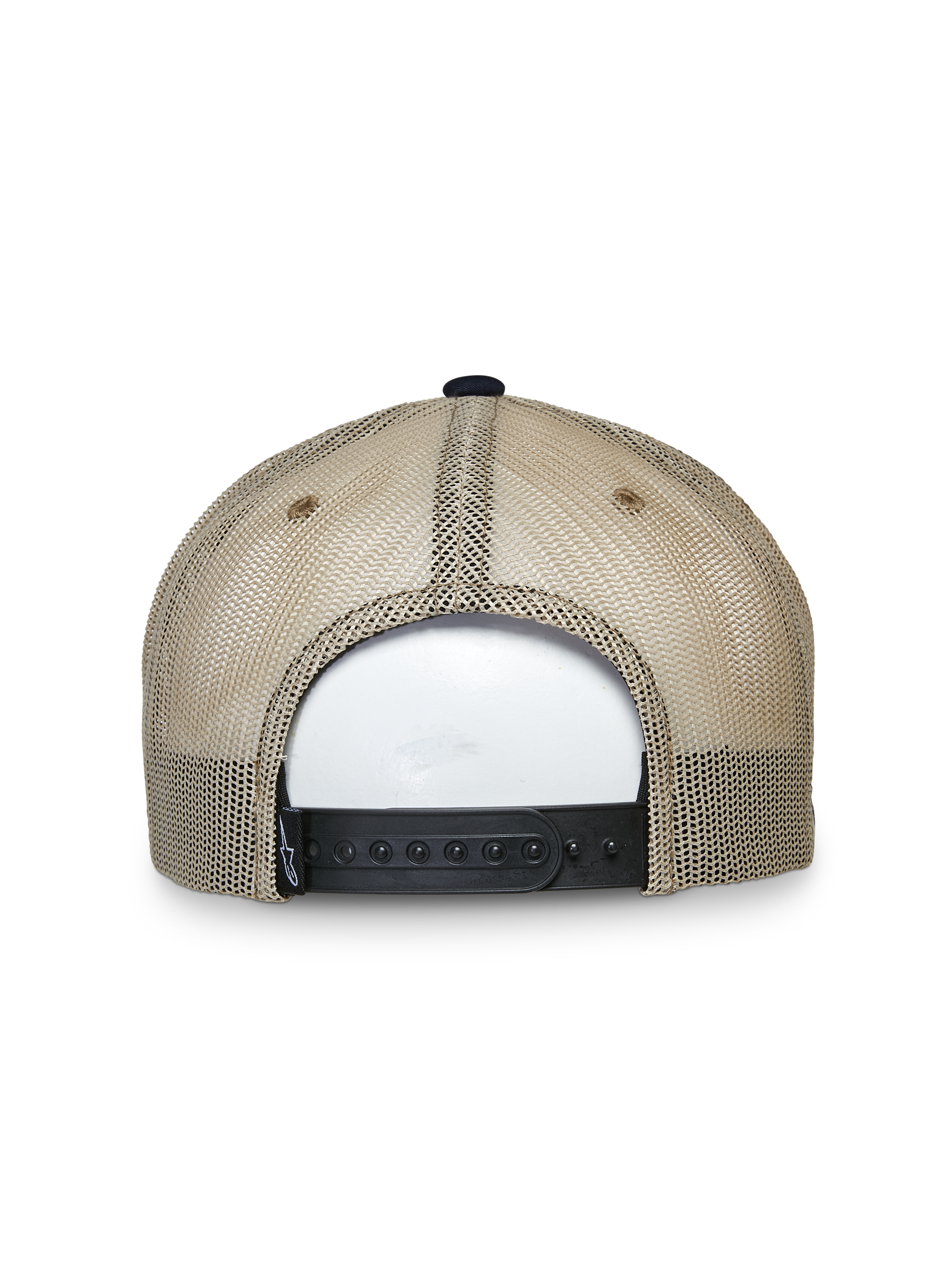 Alpinestars Mackinic Trucker Hat, trucker pet, marineblauw en khaki, achteraanzicht met beige mesh-panelen en een zwarte verstelbare snapback-sluiting, casual lifestyle hoofdbedekking
