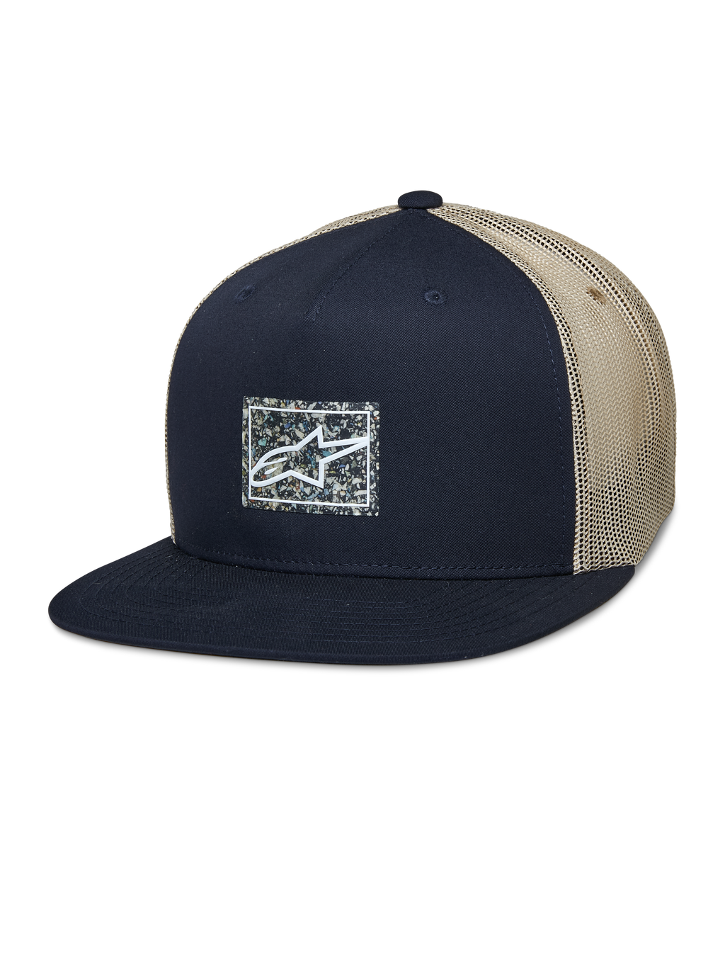 Alpinestars Mackinic Trucker Hat, snapback cap met platte klep, marineblauw en khaki mesh, voorzien van een vierkante logopatch met gespikkelde achtergrond, casual lifestyle pet