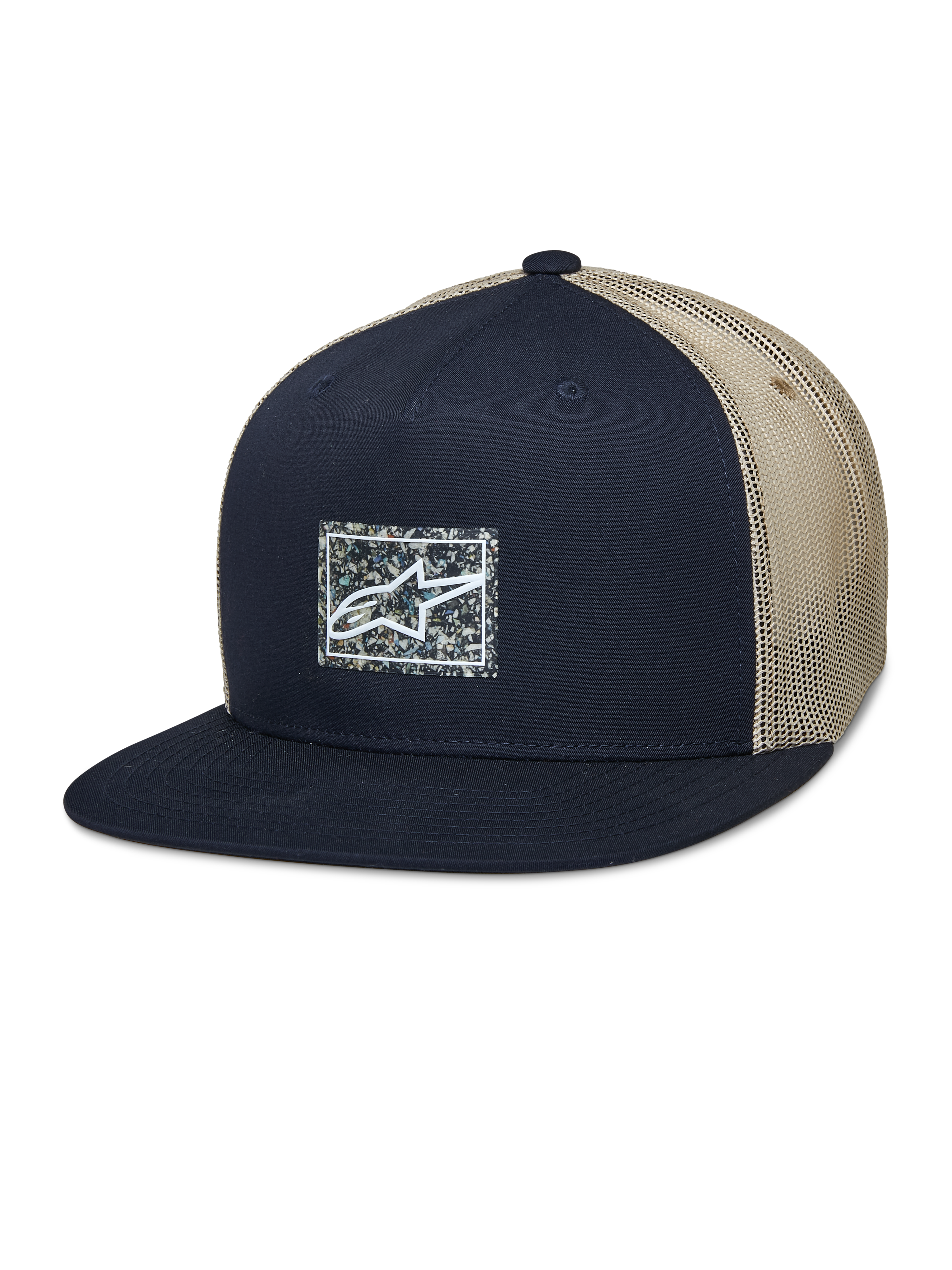 Alpinestars Mackinic Trucker Hat, snapback cap met platte klep, marineblauw en khaki mesh, voorzien van een vierkante logopatch met gespikkelde achtergrond, casual lifestyle pet