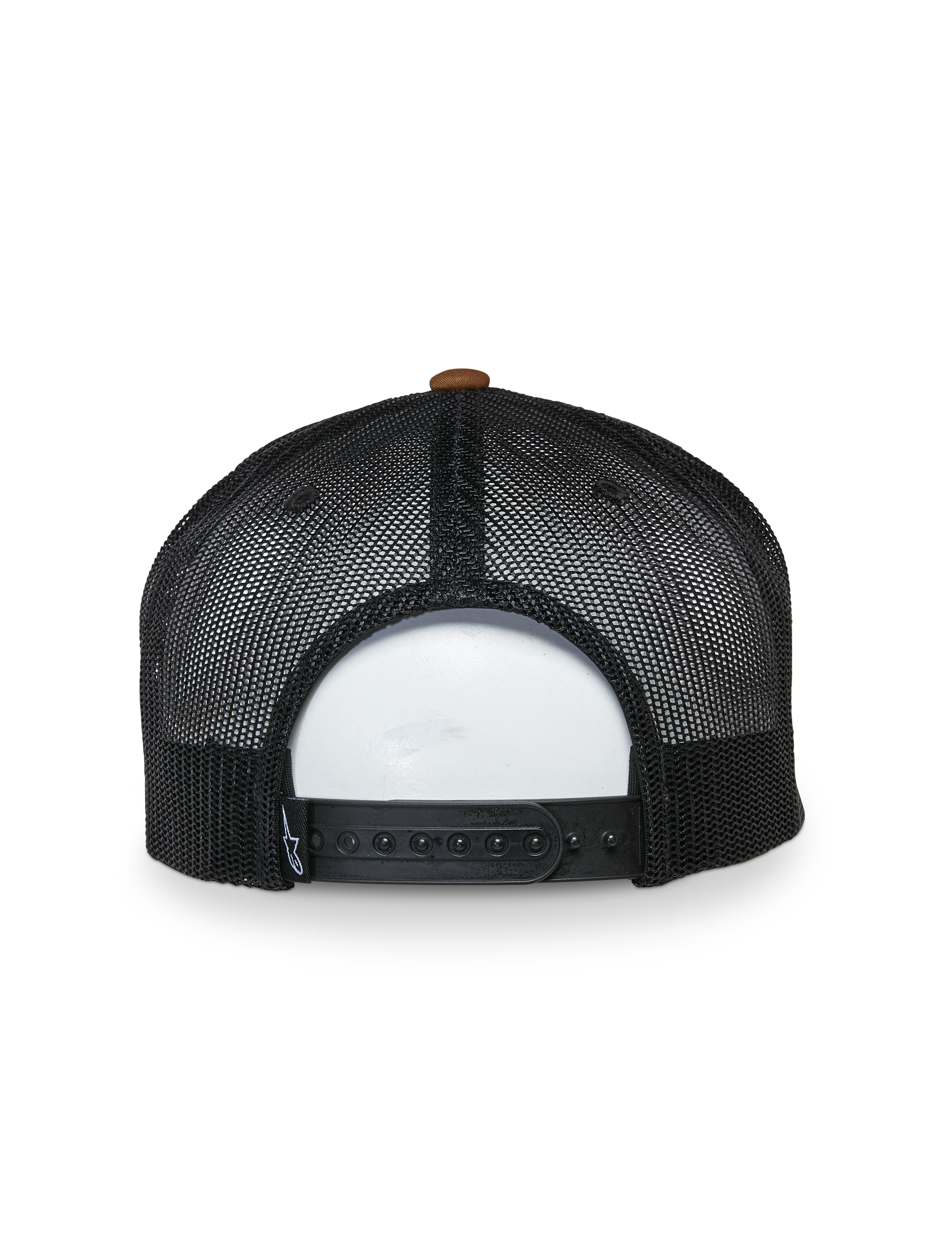 Alpinestars Mackinic Trucker pet, achteraanzicht, zwarte mesh panelen met bruine knoop bovenop, verstelbare snapback-sluiting, casual sportkledingaccessoire