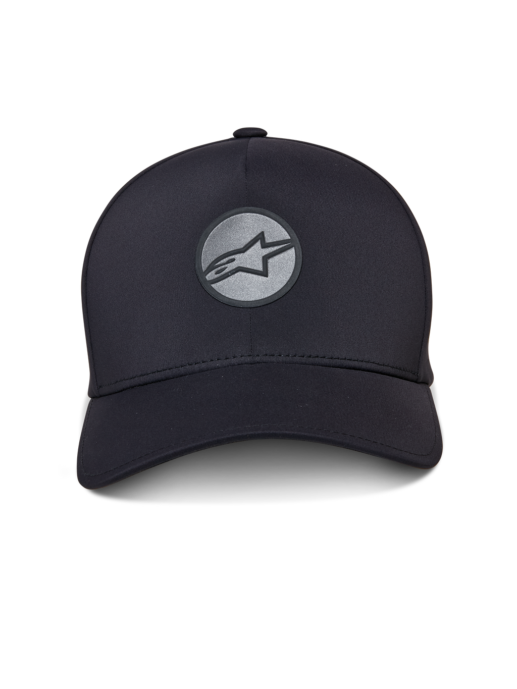 Alpinestars Apex pet, zwarte sportpet, gebogen klep en gestructureerde kroon, reflecterend gelast Astar-logo op een ronde patch aan de voorzijde, naadloze constructie met een modern sportief ontwerp