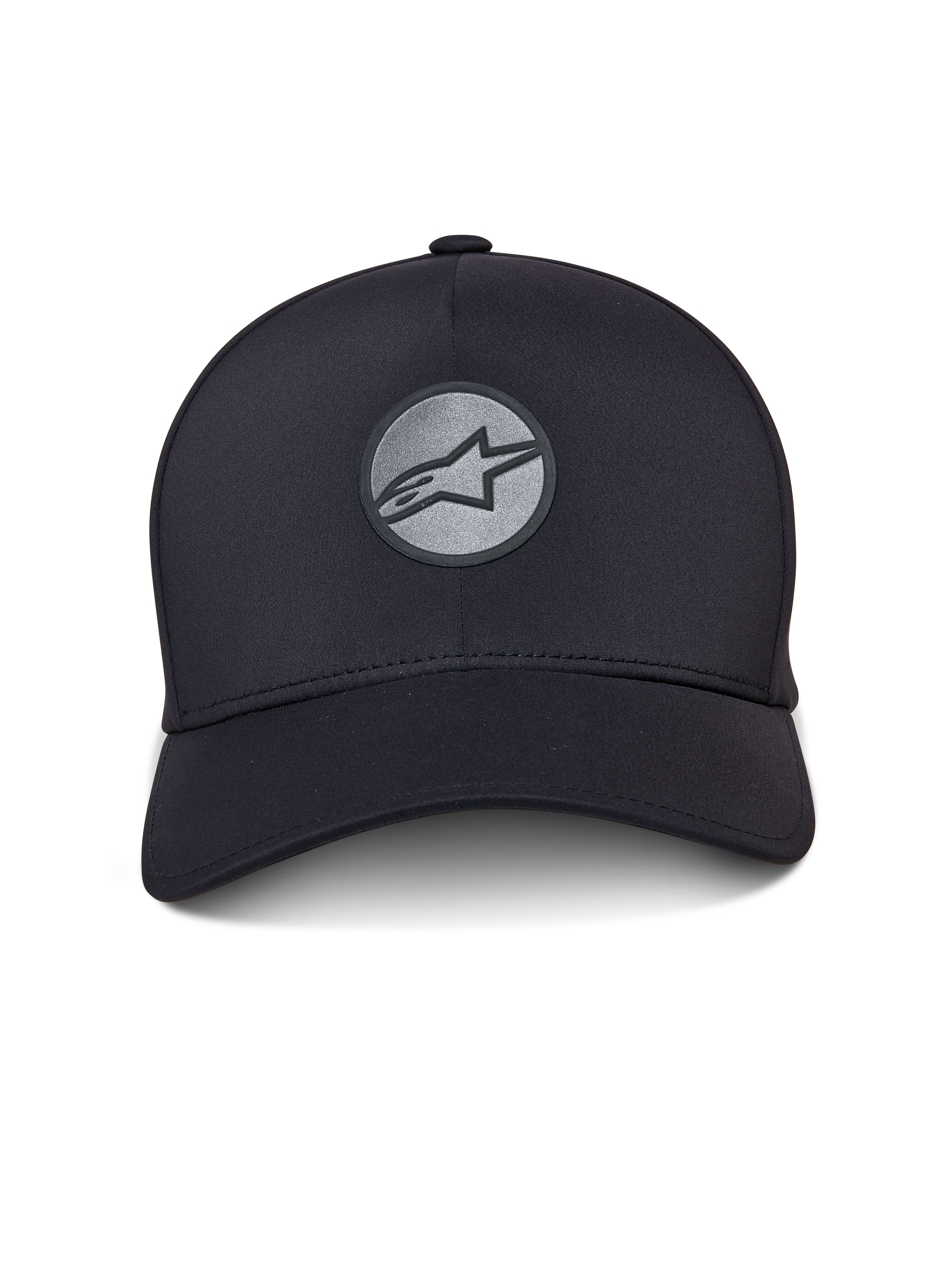 Alpinestars Apex pet, zwarte sportpet, gebogen klep en gestructureerde kroon, reflecterend gelast Astar-logo op een ronde patch aan de voorzijde, naadloze constructie met een modern sportief ontwerp