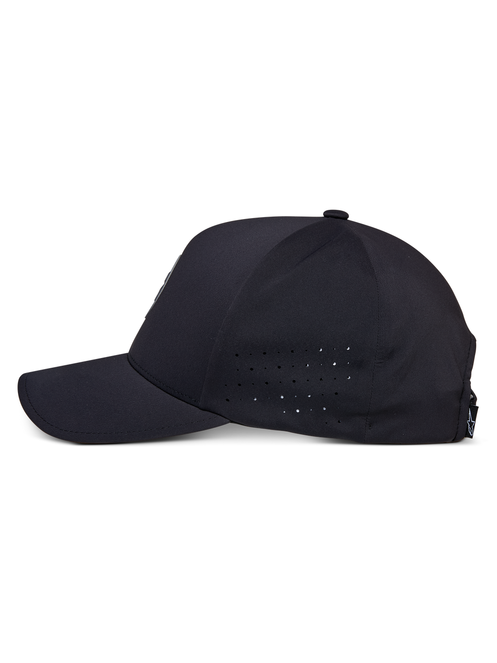 Alpinestars Apex pet, zwart, zijaanzicht, gebogen klep met gestructureerde kroon, perforaties aan de zijpanelen voor ademend vermogen, vochtafvoerende technische stof, casual performance sportkleding