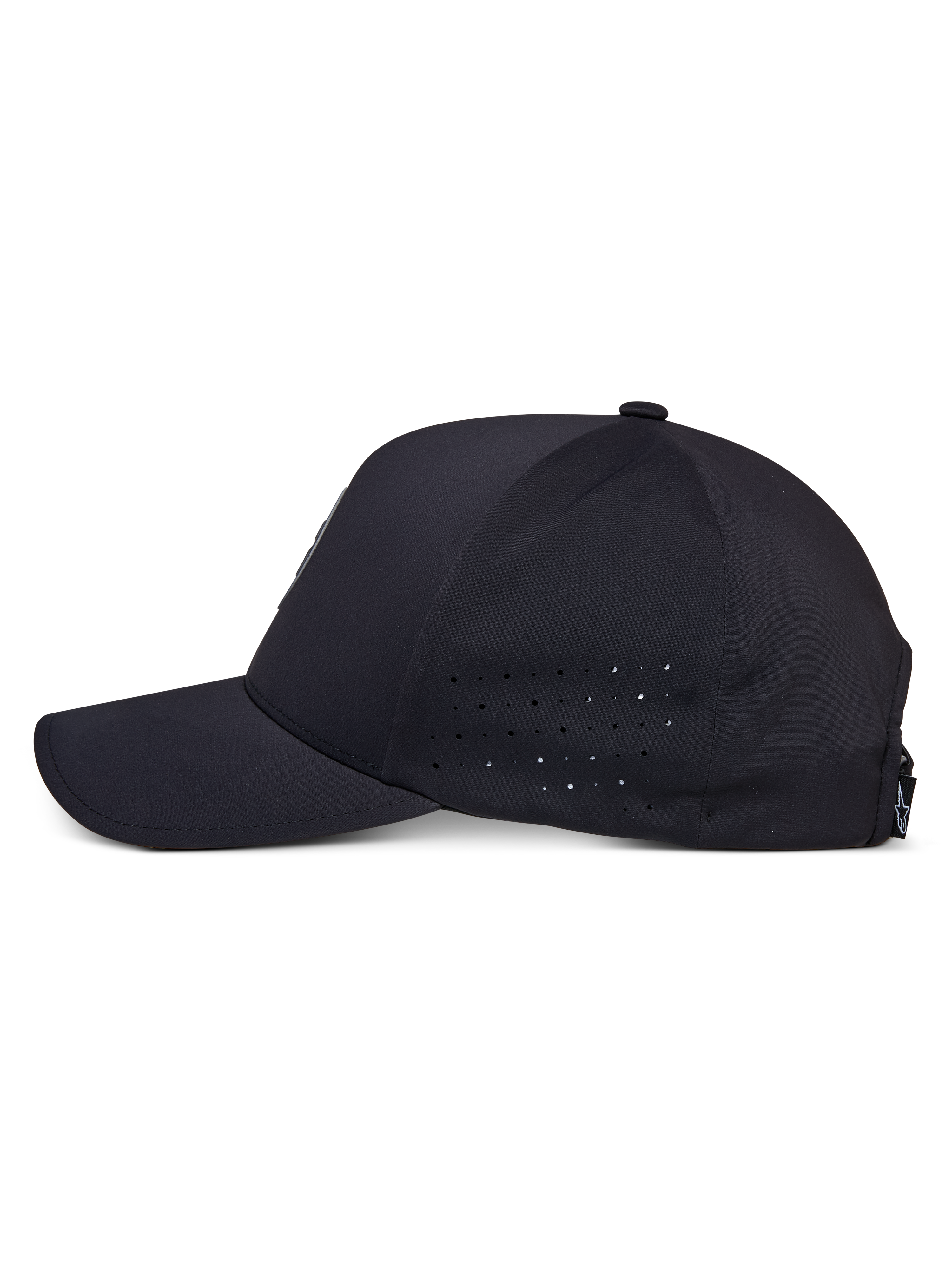 Alpinestars Apex pet, zwart, zijaanzicht, gebogen klep met gestructureerde kroon, perforaties aan de zijpanelen voor ademend vermogen, vochtafvoerende technische stof, casual performance sportkleding
