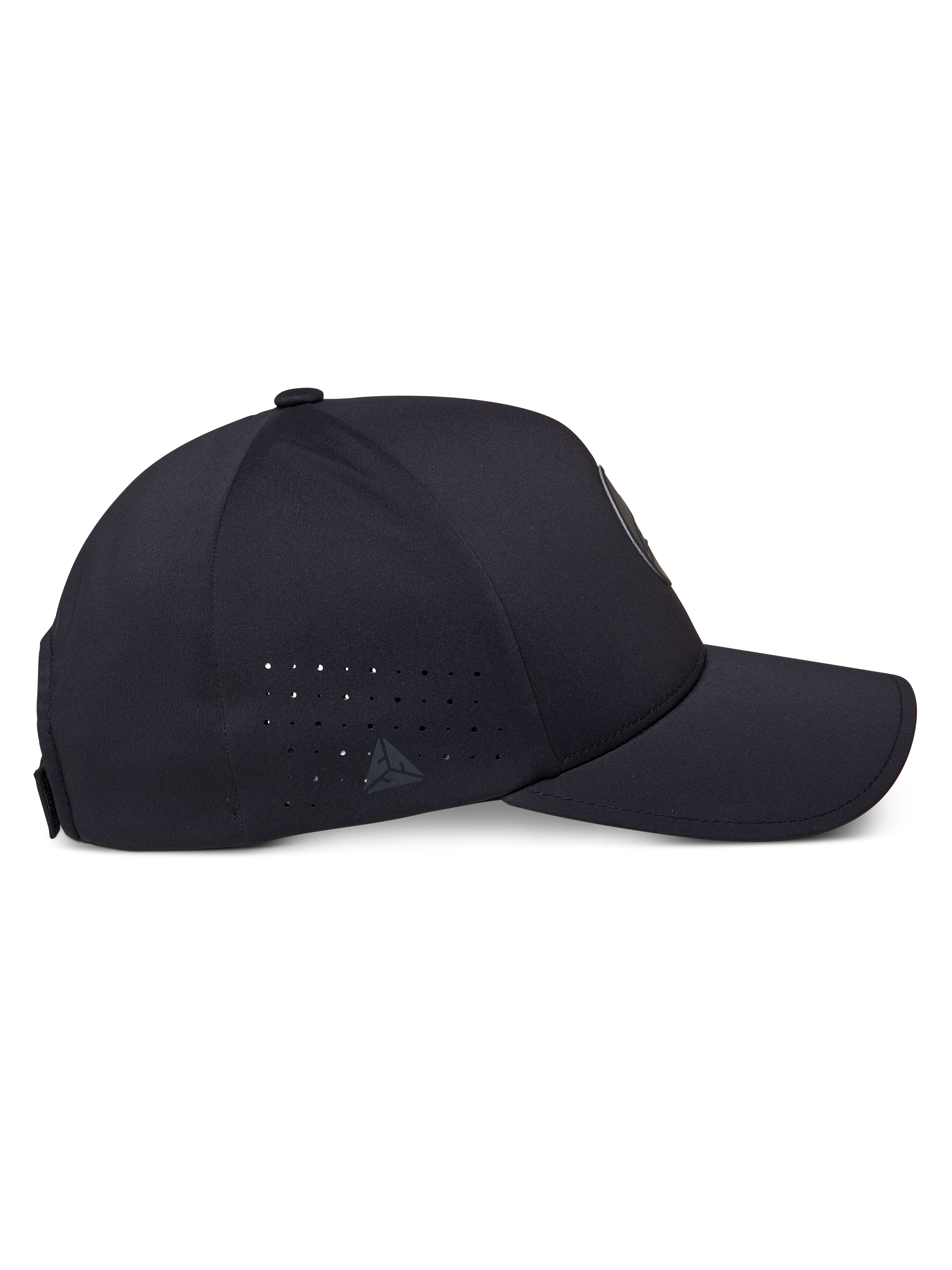 Alpinestars Apex pet, zijaanzicht, zwart, voorzien van een gestructureerde kroon en gebogen klep, perforaties aan de zijpanelen, klein reflecterend logo en een gladde naadloze constructie voor een strakke uitstraling