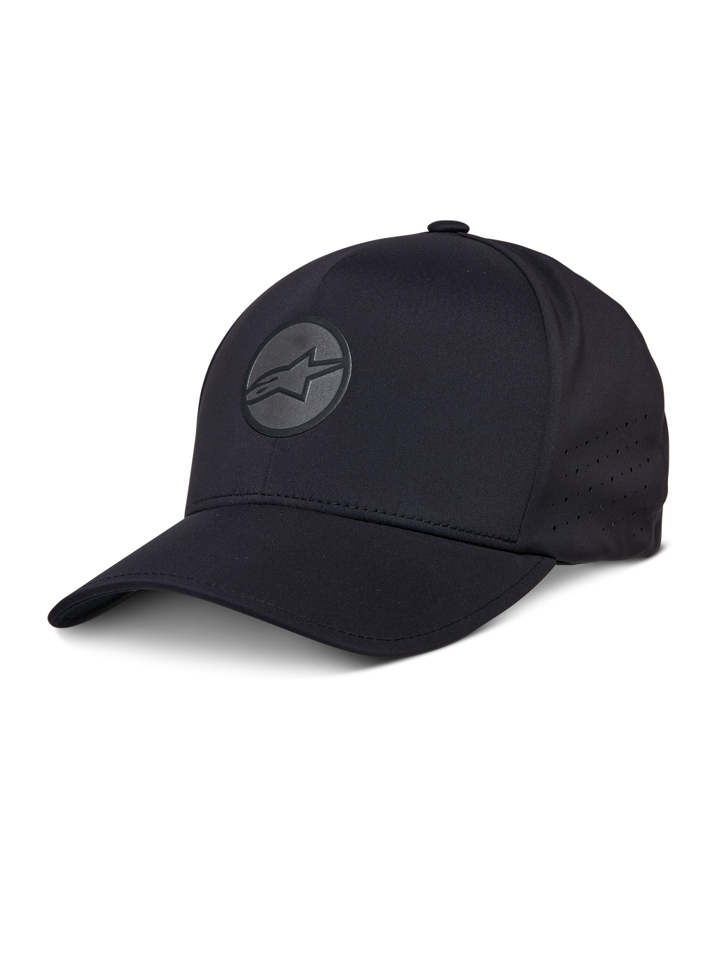 Alpinestars Apex pet, zwarte baseballcap met gebogen klep, reflecterend rond ster-logo, geperforeerde zijpanelen voor ventilatie, technische sportkleding