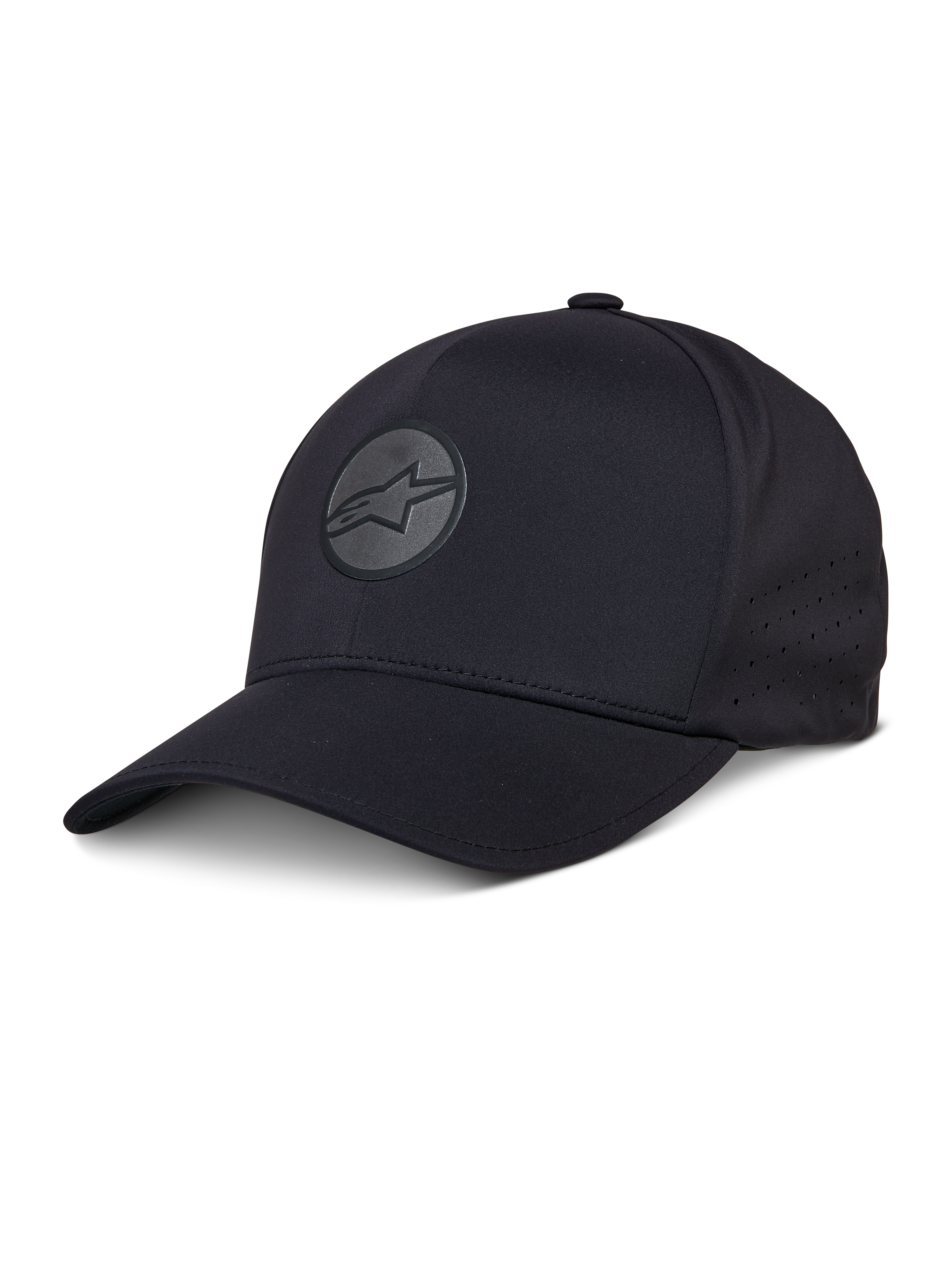 Alpinestars Apex Hat, Black Baseball Cap, Curved Brim, Reflective Circular Star Logo, Perforated Side Panels for Ventilation, Performance Sportswear Headwear