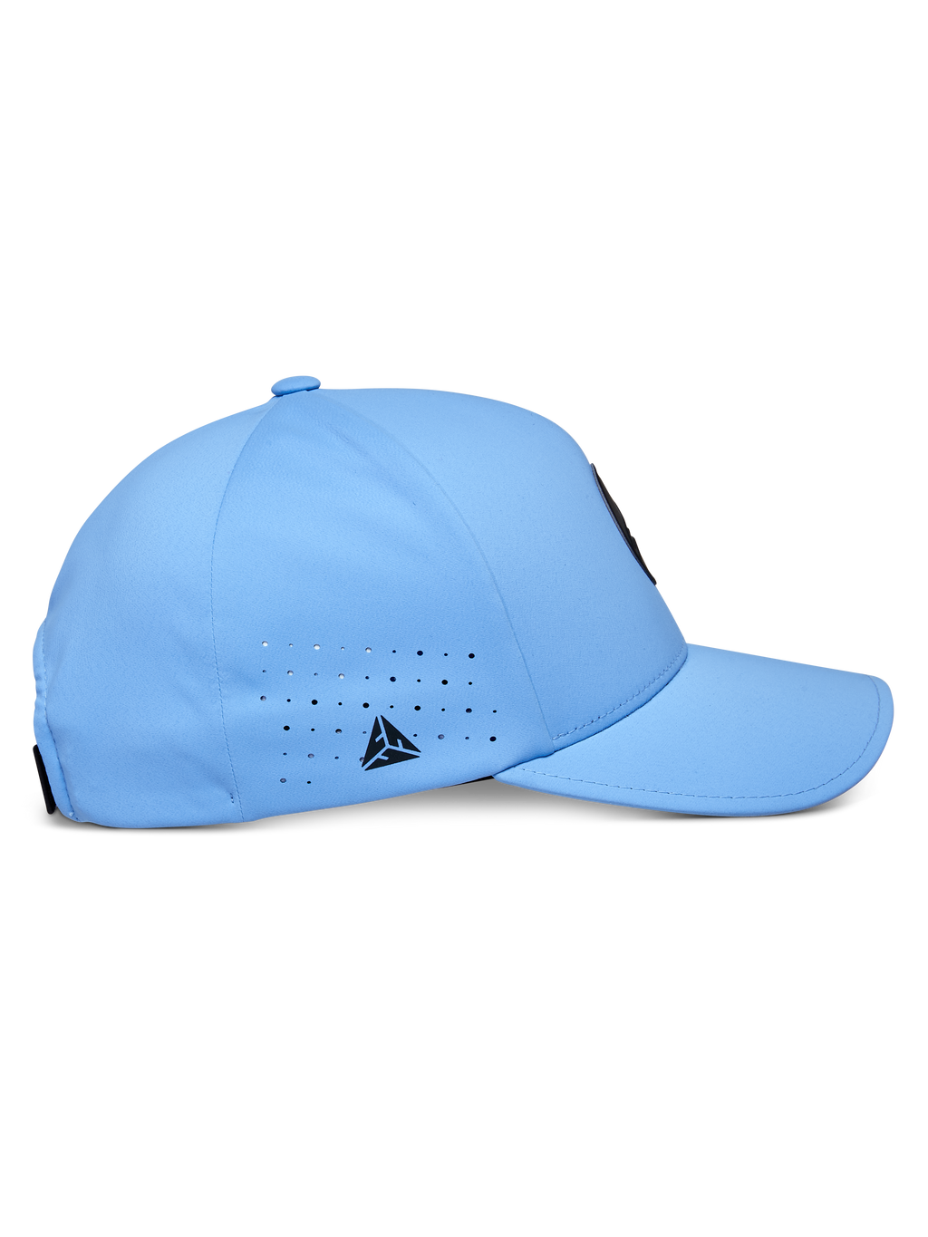 Alpinestars Apex pet, blauw, technische baseballcap, zijaanzicht met gebogen klep en gestructureerde kroon, lasergesneden ventilatiegaten met een klein zwart driehoekig logo, modern vochtafvoerend materiaal