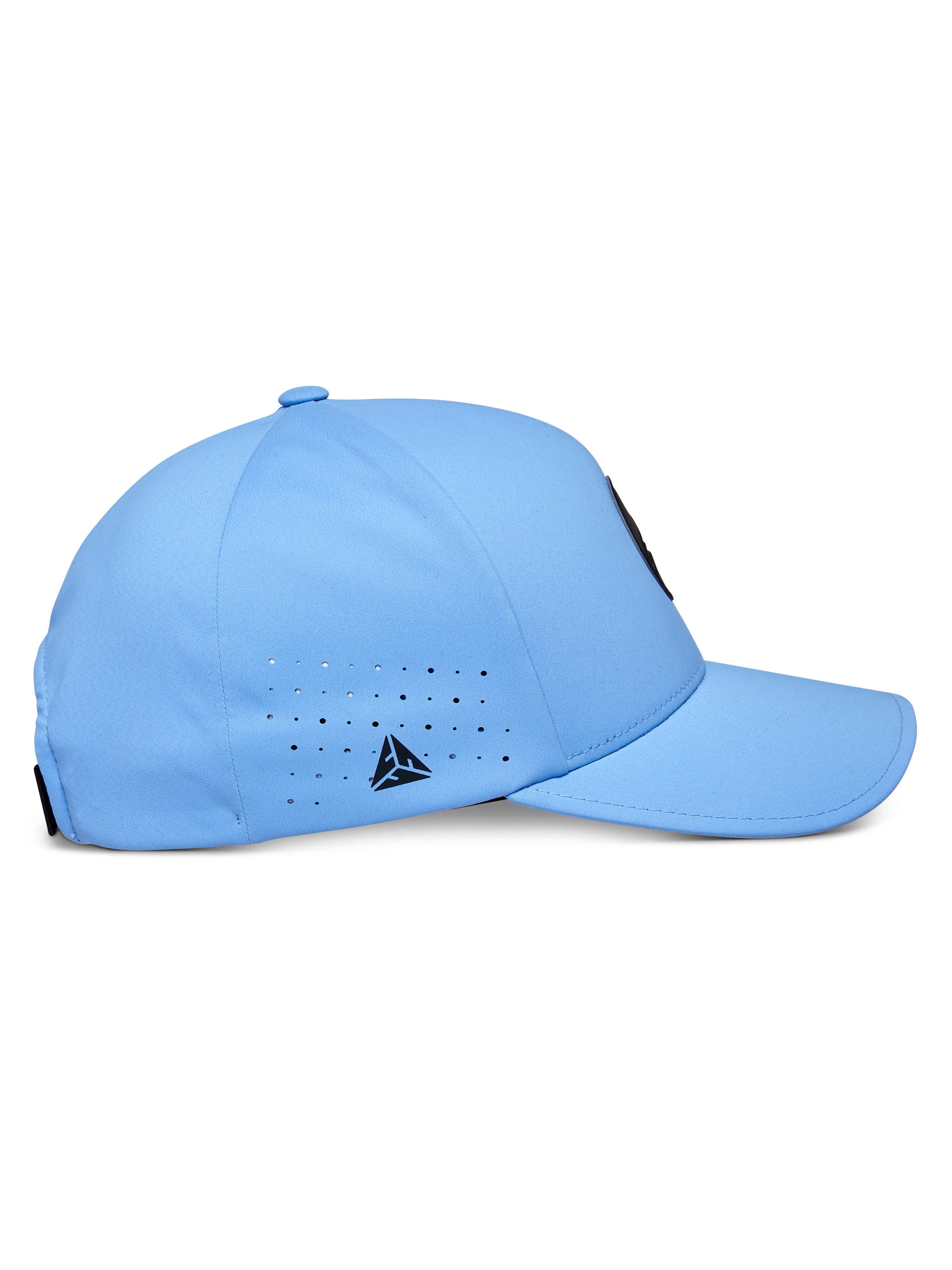 Alpinestars Apex pet, blauw, technische baseballcap, zijaanzicht met gebogen klep en gestructureerde kroon, lasergesneden ventilatiegaten met een klein zwart driehoekig logo, modern vochtafvoerend materiaal