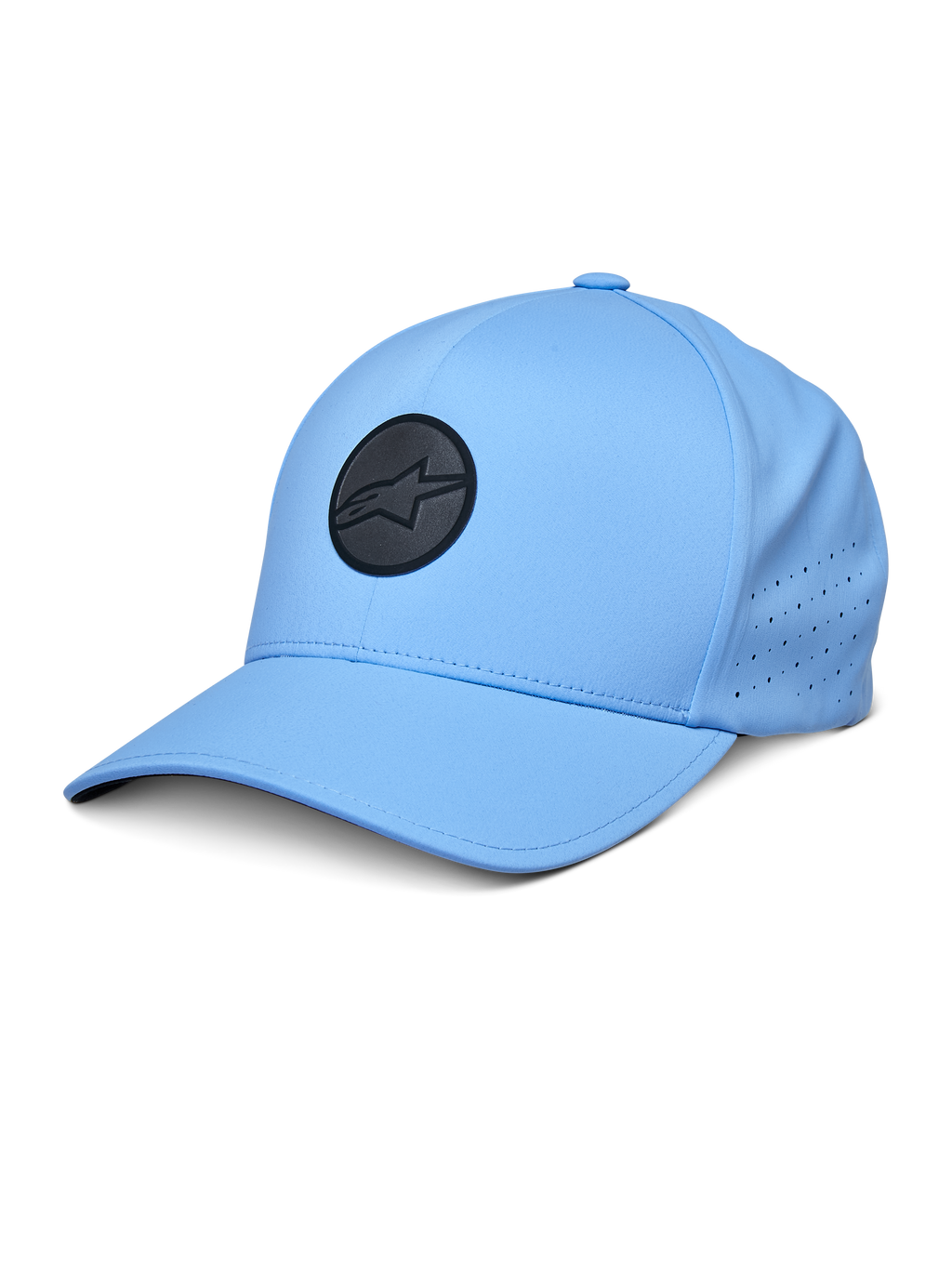 Alpinestars Apex Hat, blauwe baseballcap met een zwart cirkelvormig logo, geperforeerde zijpanelen voor ventilatie, gebogen klep, performance sportkleding