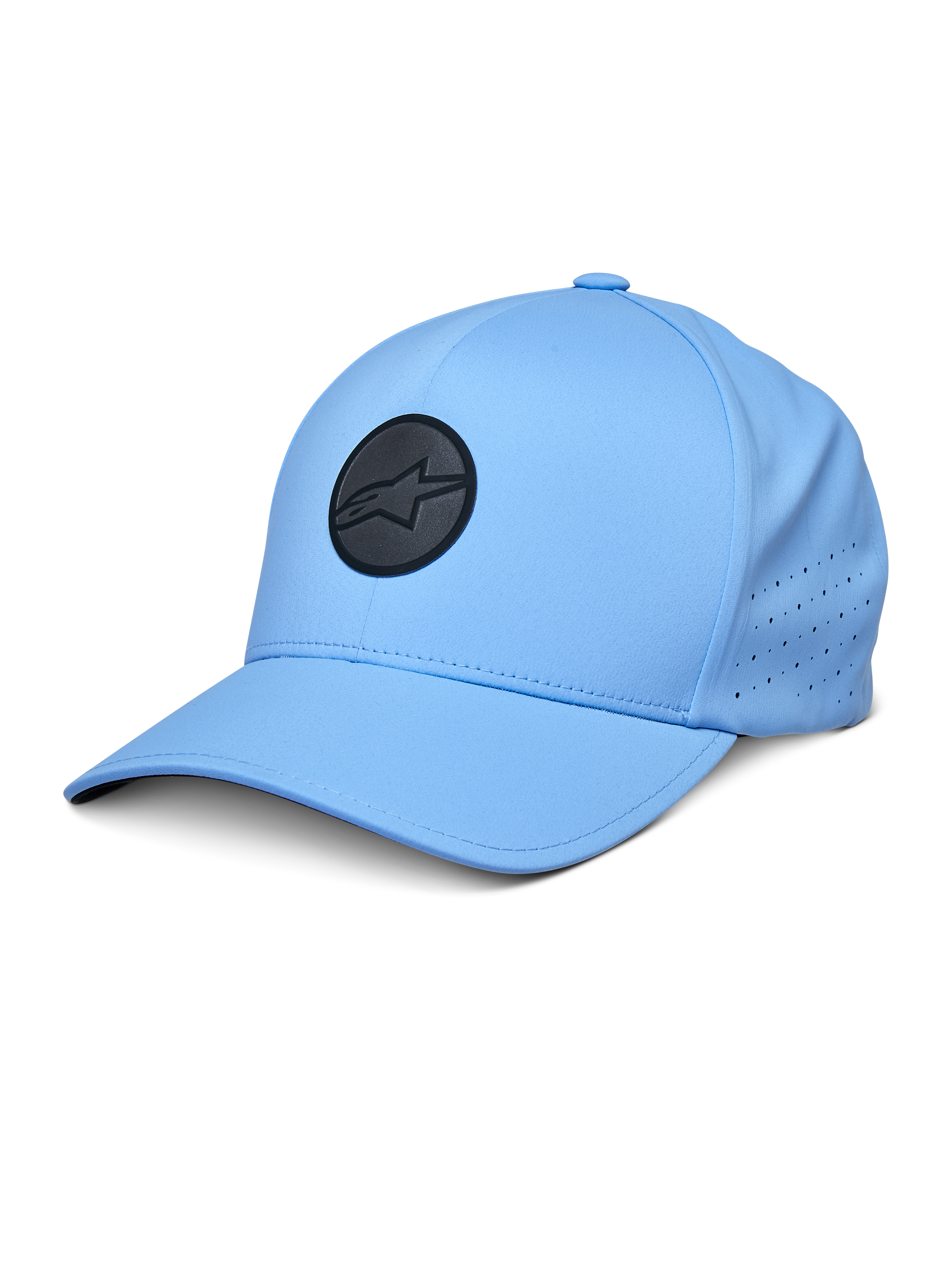 Alpinestars Apex Hat, Blue Baseball Cap, featuring a black circular logo, perforated side panels for ventilation, curved brim, performance sportswear