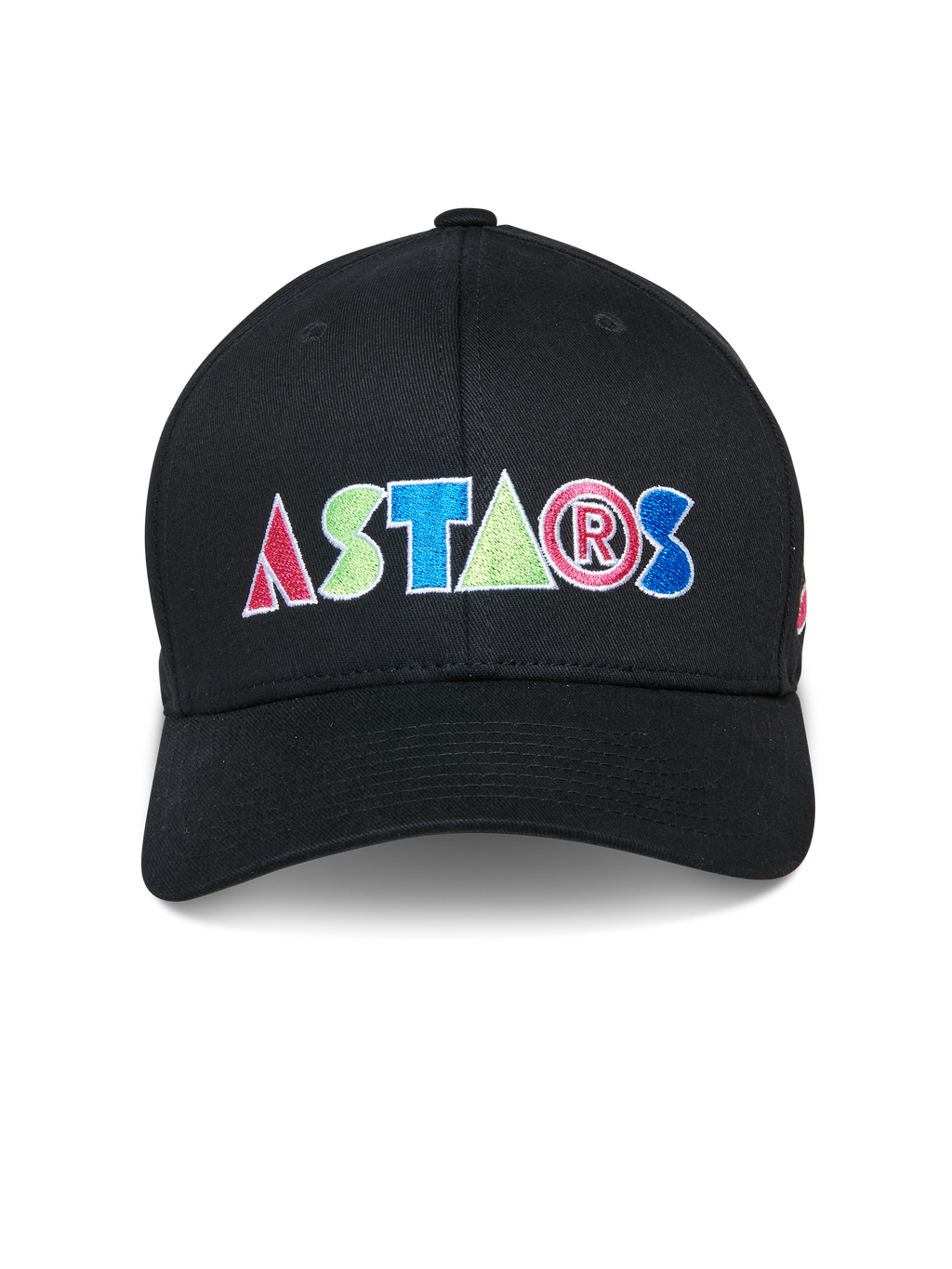 Alpinestars Cereal pet, zwarte baseballcap, kleurrijk geborduurd ASTARS-logo op de voorkant, gestructureerde kroon met gebogen klep, casual motorsport sportkleding