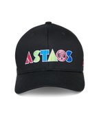 Alpinestars Cereal pet, zwarte baseballcap, kleurrijk geborduurd ASTARS-logo op de voorkant, gestructureerde kroon met gebogen klep, casual motorsport sportkleding