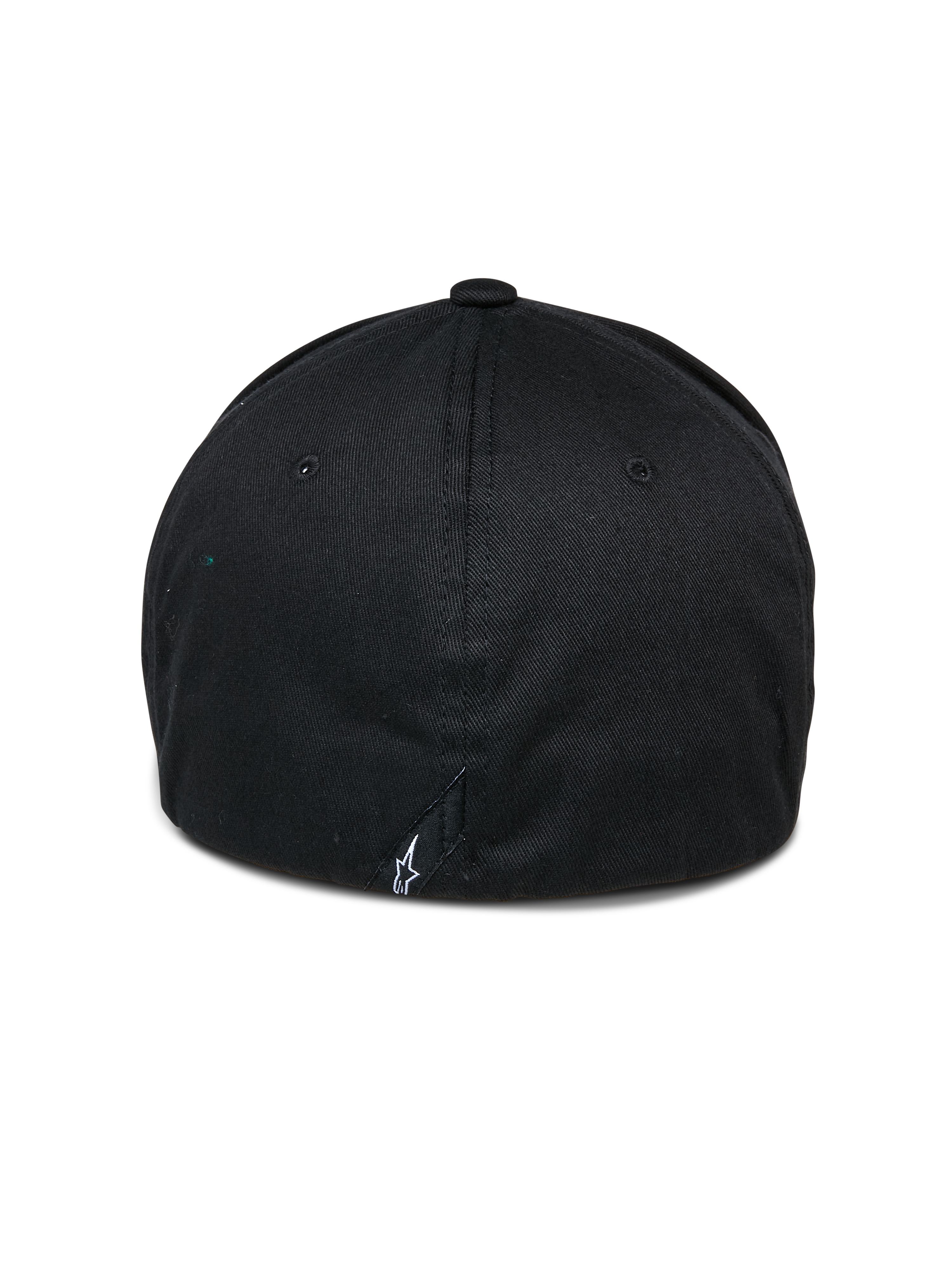 Alpinestars Cereal pet, zwarte baseballcap, achteraanzicht met flexibele achterkant en klein wit geborduurd logo aan de basis, casual sportswear