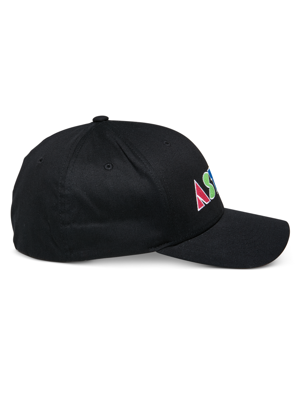 Alpinestars Cereal pet, zwarte gestructureerde baseballcap, zijaanzicht, kleurrijk plat geborduurd logo aan de zijkant met geometrische letters, gebogen klep, casual sportkledingontwerp