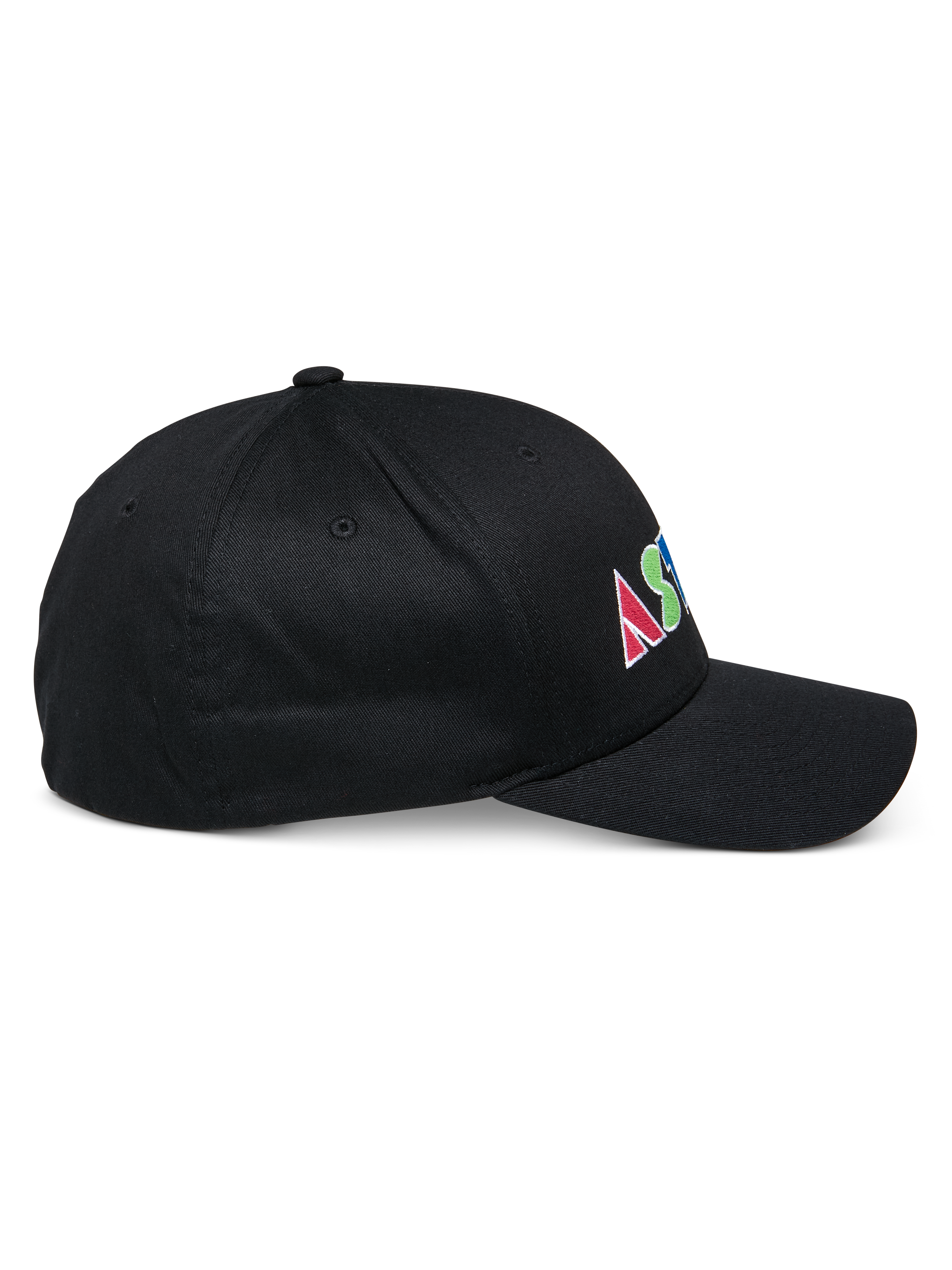 Alpinestars Cereal pet, zwarte gestructureerde baseballcap, zijaanzicht, kleurrijk plat geborduurd logo aan de zijkant met geometrische letters, gebogen klep, casual sportkledingontwerp