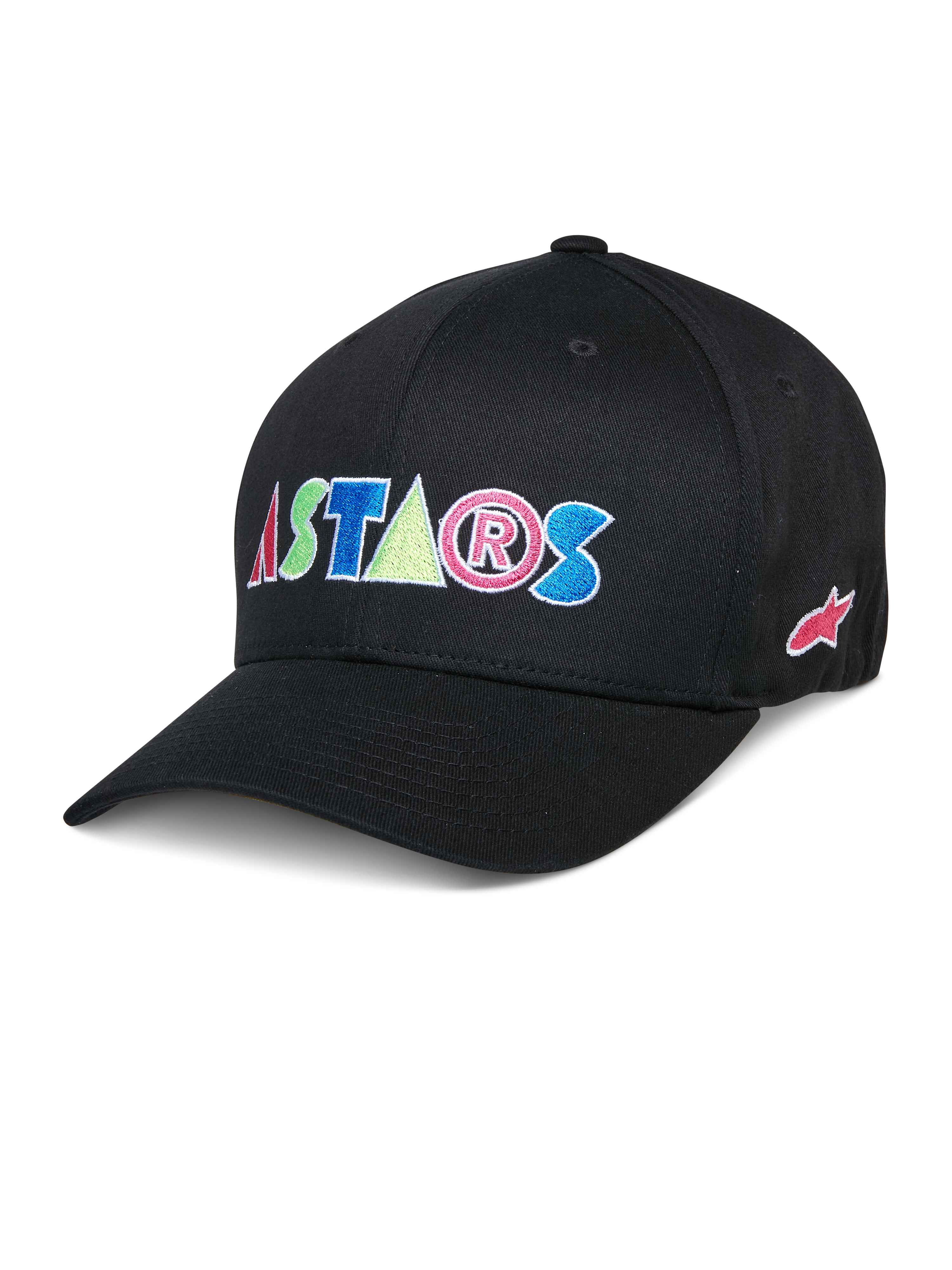 Alpinestars Cereal Pet, zwarte baseballcap met kleurrijke geborduurde ASTARS-letters in rood, blauw, roze en groen, gebogen klep, casual lifestyle hoofdbedekking