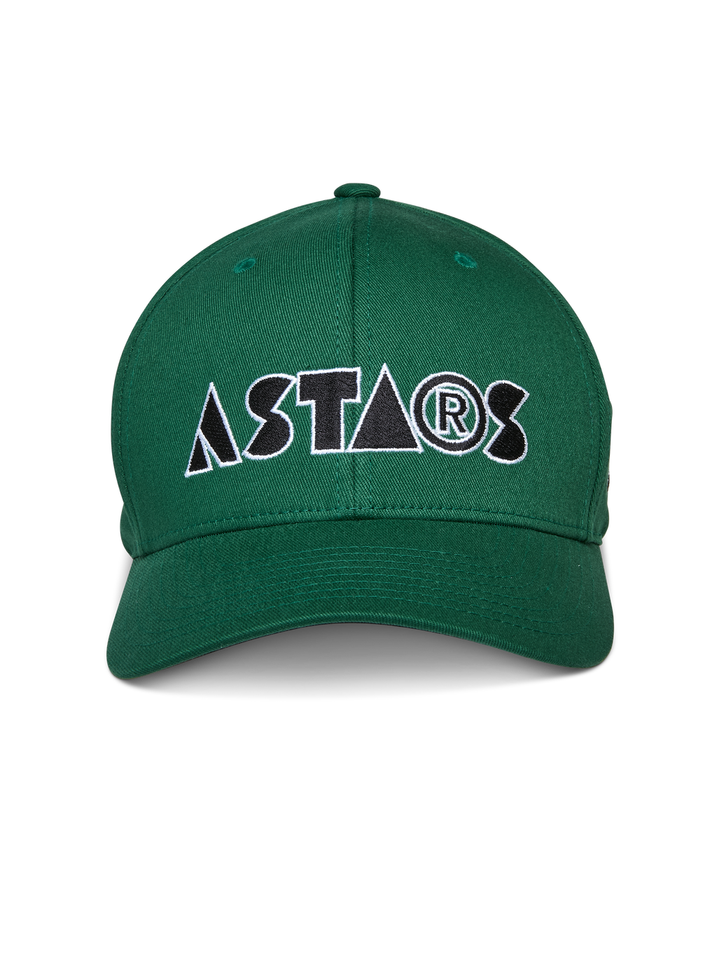 Alpinestars Cereal pet, groene baseballcap met gebogen klep, geborduurd 'ASTARS' logo in zwart en wit op de voorzijde, casual sportkleding