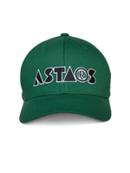 Alpinestars Cereal pet, groene baseballcap met gebogen klep, geborduurd 'ASTARS' logo in zwart en wit op de voorzijde, casual sportkleding