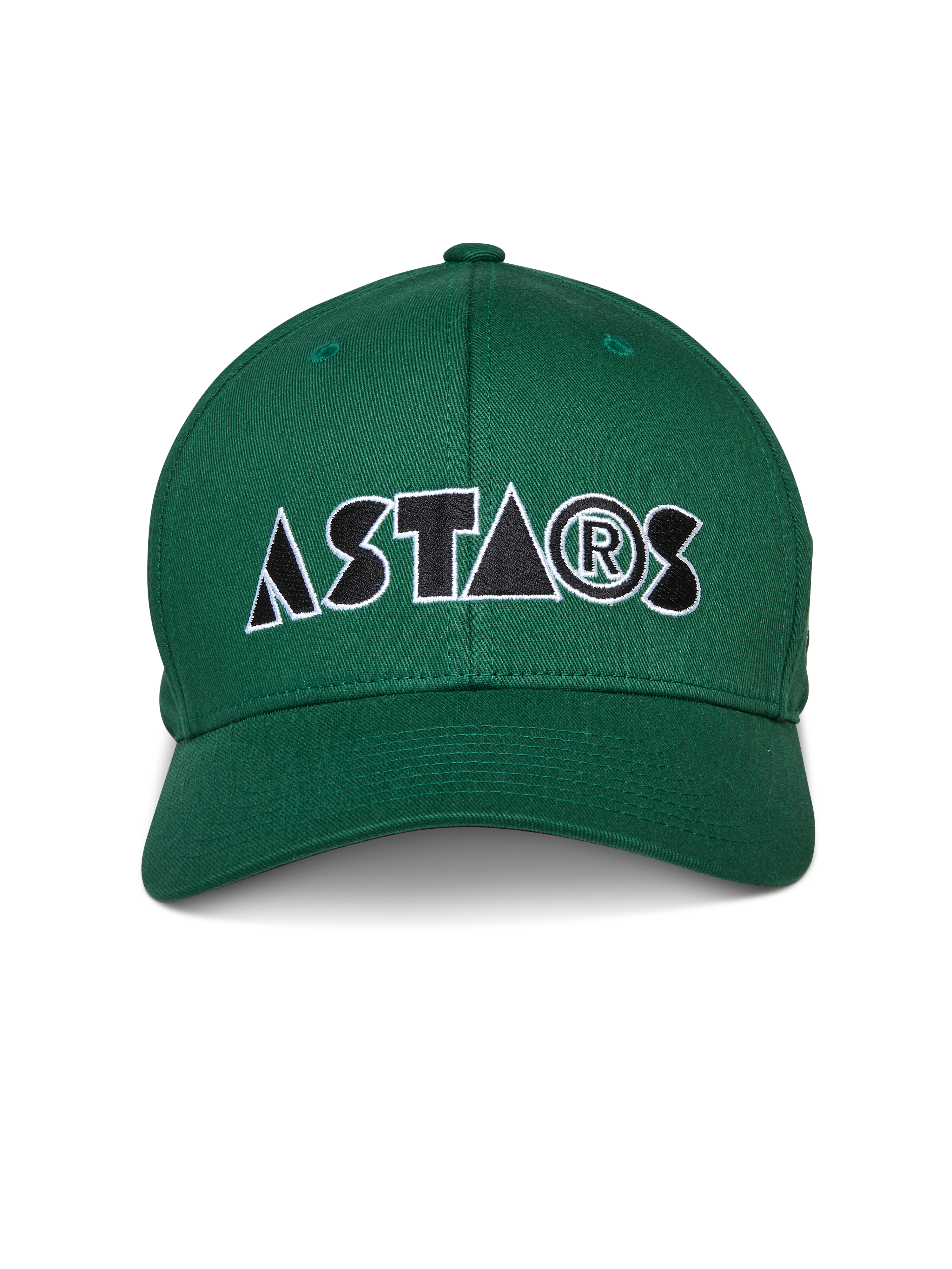 Alpinestars Cereal pet, groene baseballcap met gebogen klep, geborduurd 'ASTARS' logo in zwart en wit op de voorzijde, casual sportkleding