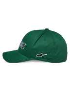 Alpinestars Cereal pet, groen, zijaanzicht, met gebogen klep en geborduurd zwart-wit sterlogo, casual sportswear hoofdbedekking
