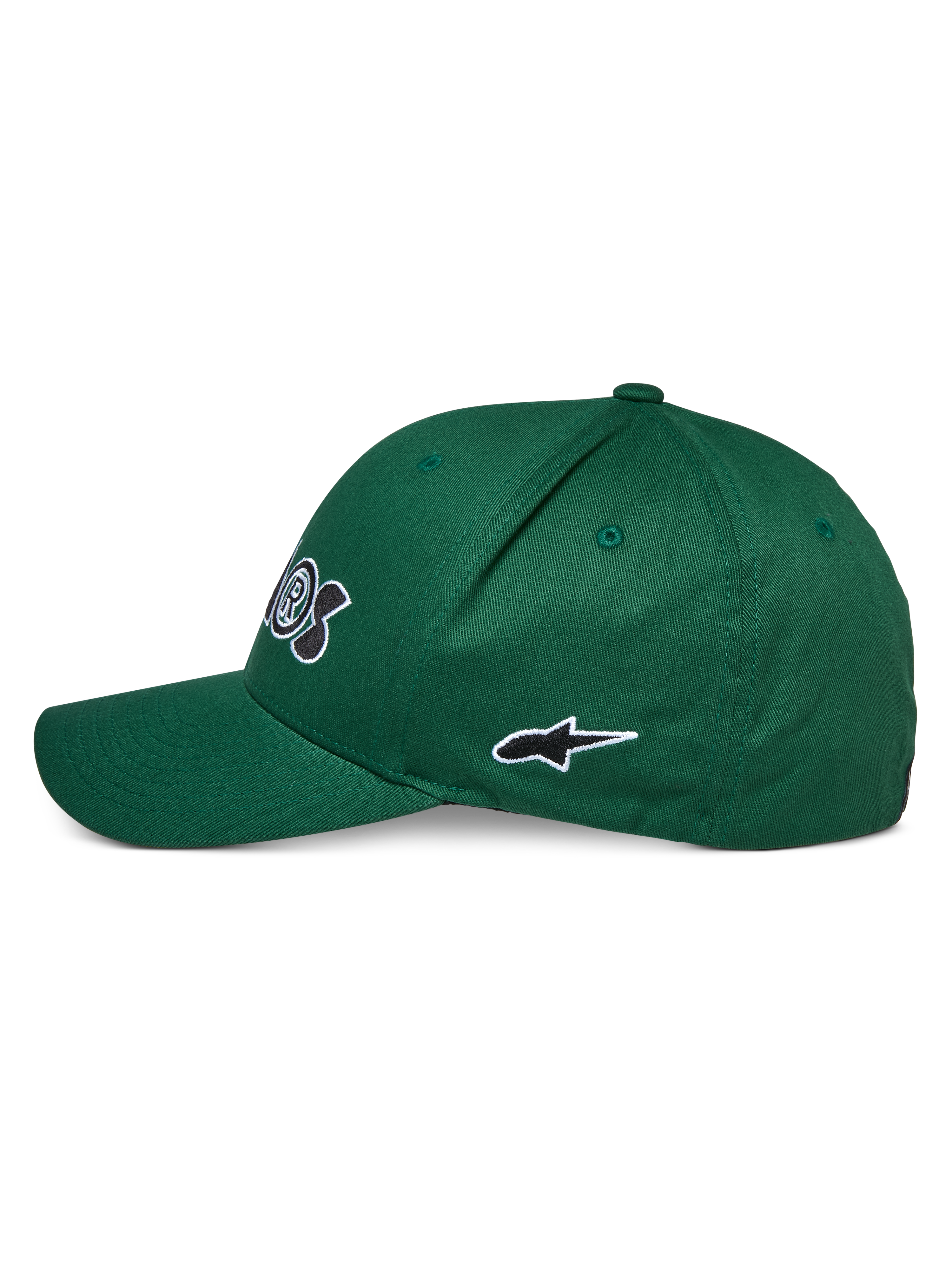 Alpinestars Cereal pet, groen, zijaanzicht, met gebogen klep en geborduurd zwart-wit sterlogo, casual sportswear hoofdbedekking