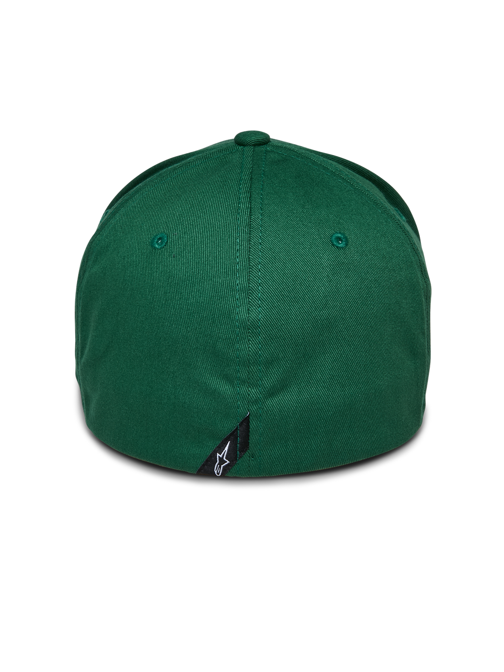 Alpinestars Cereal pet, groen, achteraanzicht van flex-back baseballcap, met een klein zwart Alpinestars-logolabel op de achternaad, gestructureerde kroon van stretch keperstof