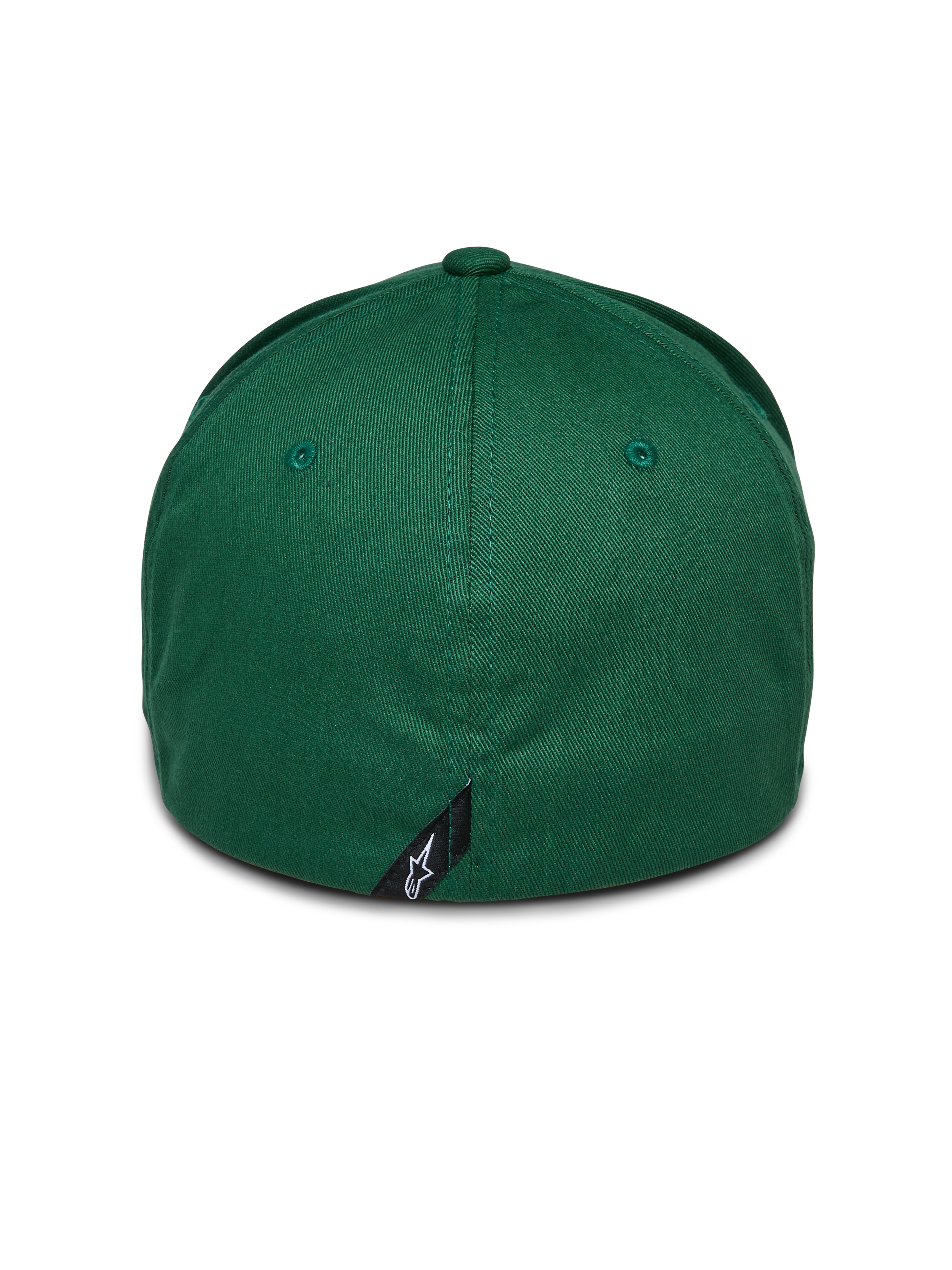 Alpinestars Cereal pet, groen, achteraanzicht van flex-back baseballcap, met een klein zwart Alpinestars-logolabel op de achternaad, gestructureerde kroon van stretch keperstof