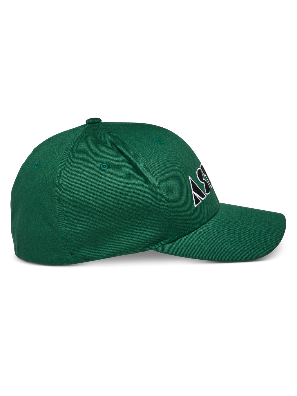Alpinestars Cereal pet, groen, pet met gebogen klep en gestructureerde kroon, wit en zwart geborduurd logo, zijaanzicht, casual sportkleding