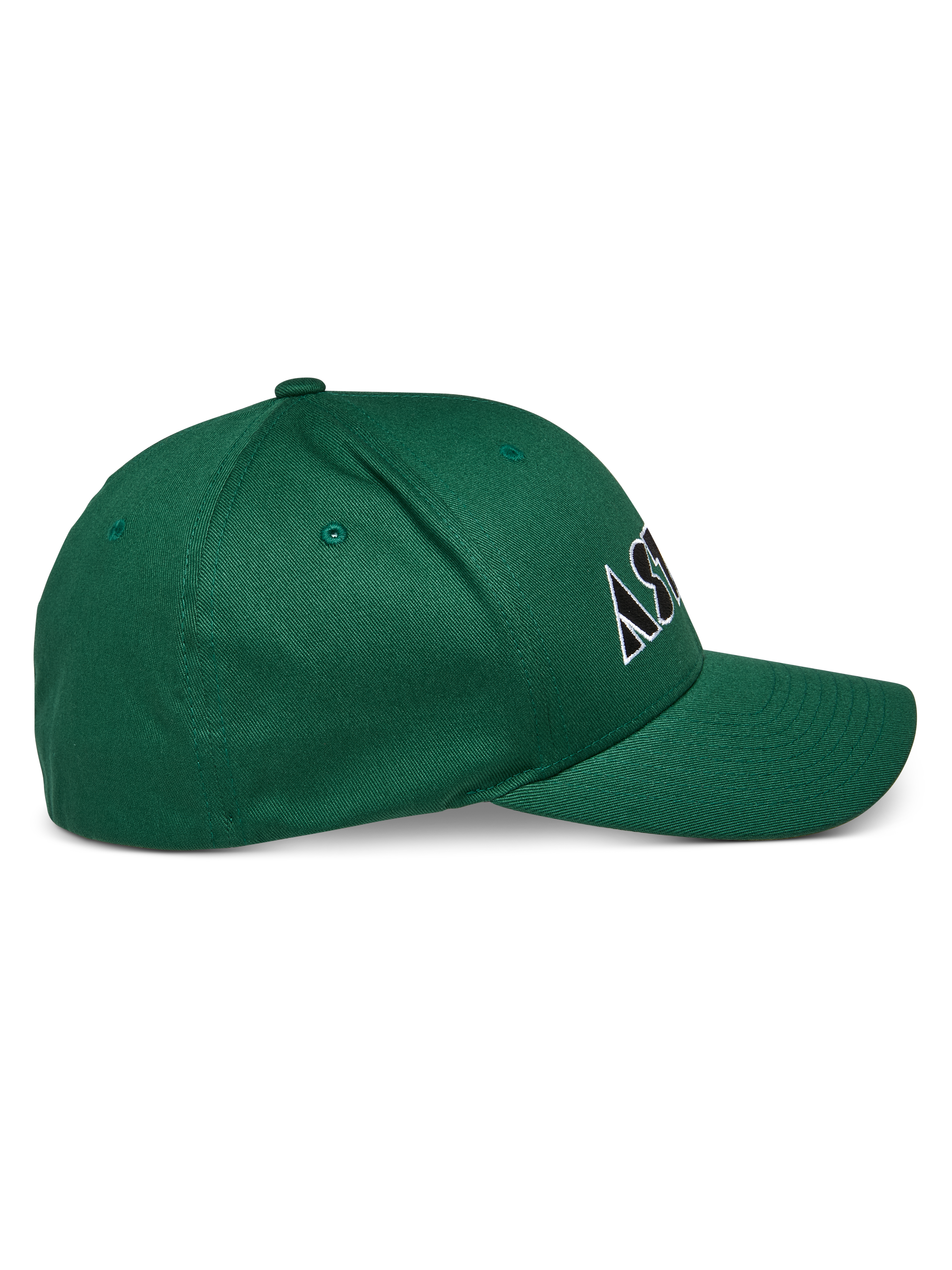 Alpinestars Cereal pet, groen, pet met gebogen klep en gestructureerde kroon, wit en zwart geborduurd logo, zijaanzicht, casual sportkleding