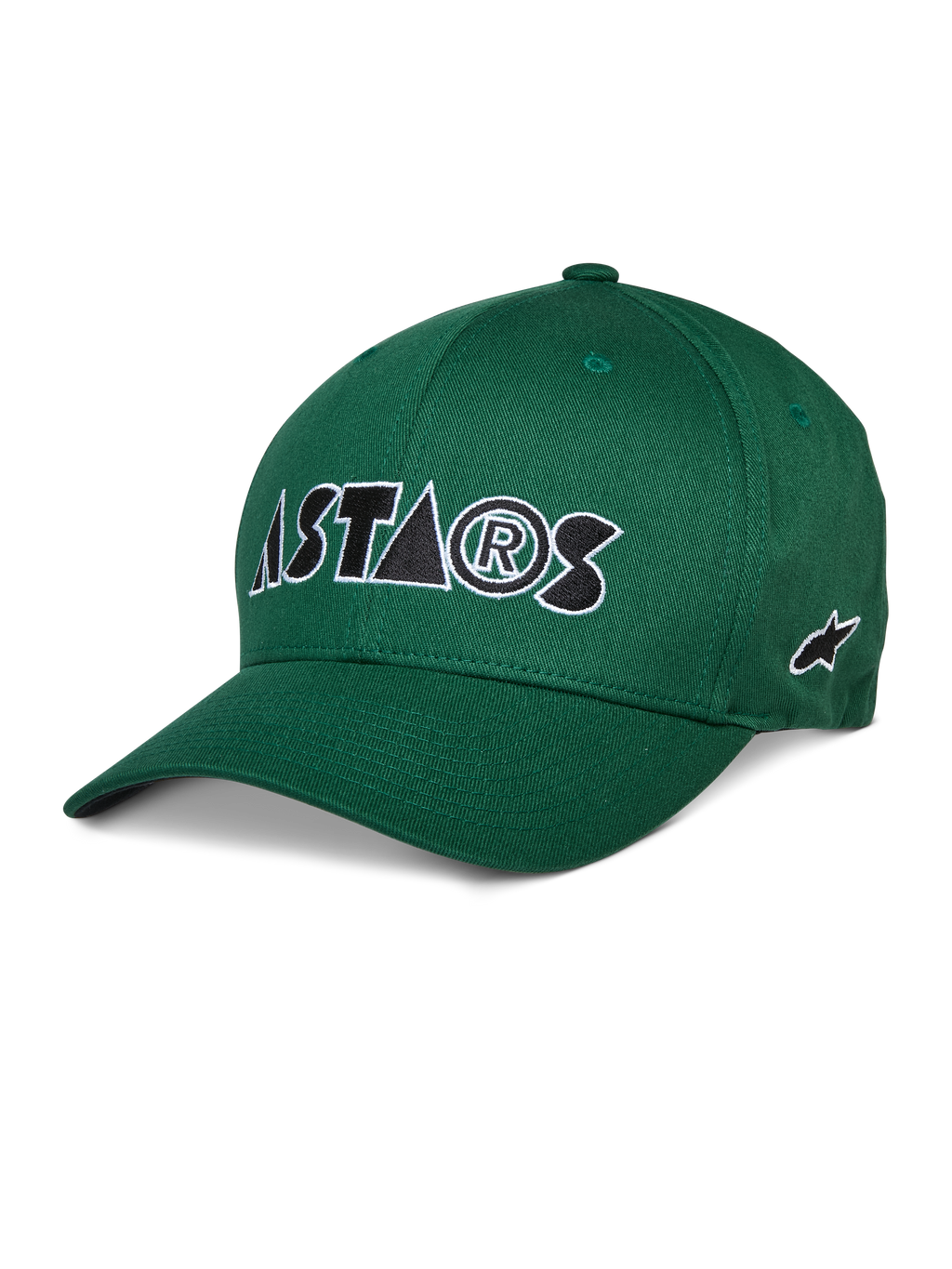Alpinestars Cereal pet, groene baseballcap, wit en zwart geborduurd ASTARS-logo, gebogen klep, gestructureerde kroon, casual sportkleding