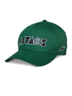 Alpinestars Cereal pet, groene baseballcap, wit en zwart geborduurd ASTARS-logo, gebogen klep, gestructureerde kroon, casual sportkleding