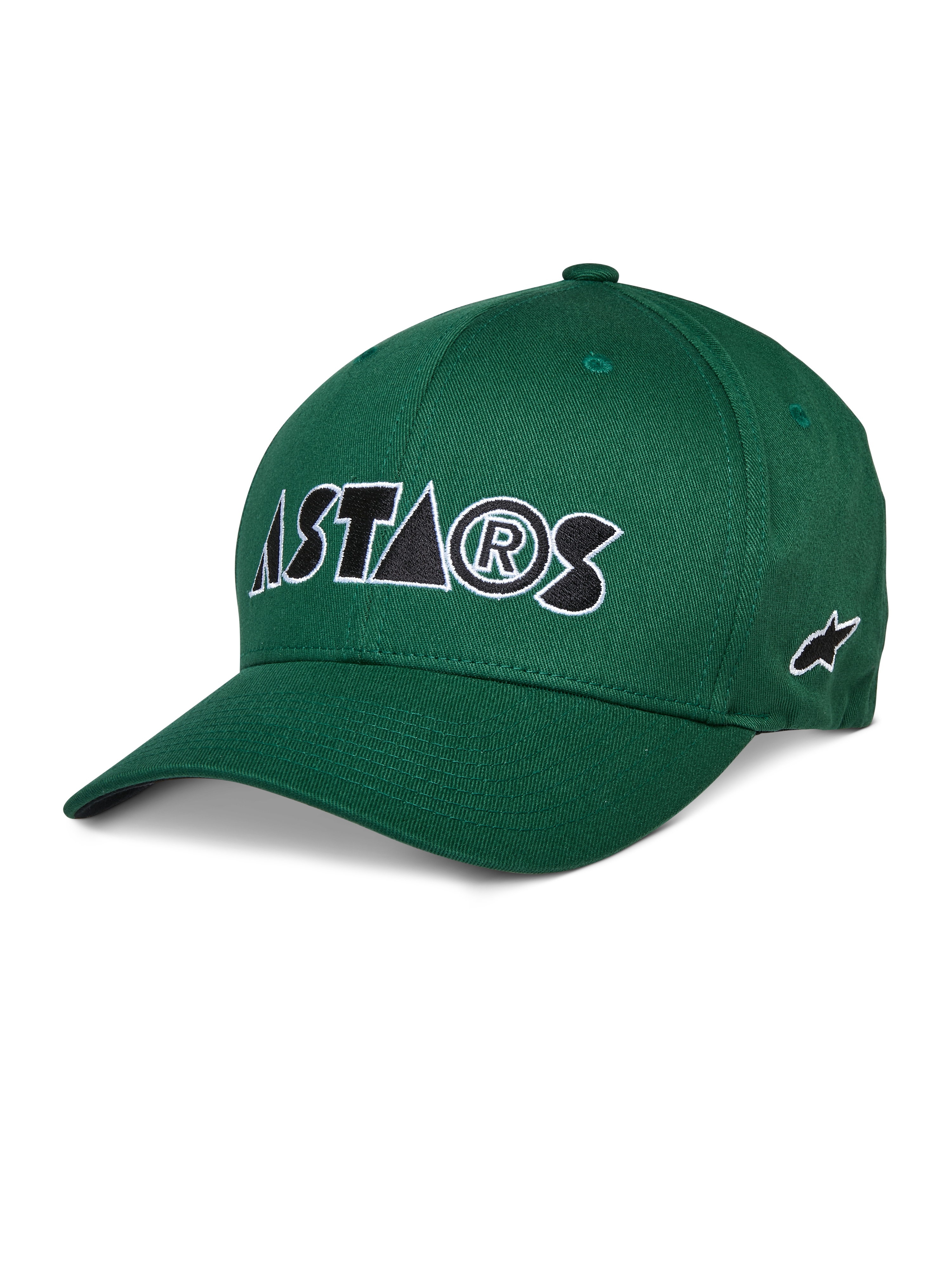 Alpinestars Cereal pet, groene baseballcap, wit en zwart geborduurd ASTARS-logo, gebogen klep, gestructureerde kroon, casual sportkleding
