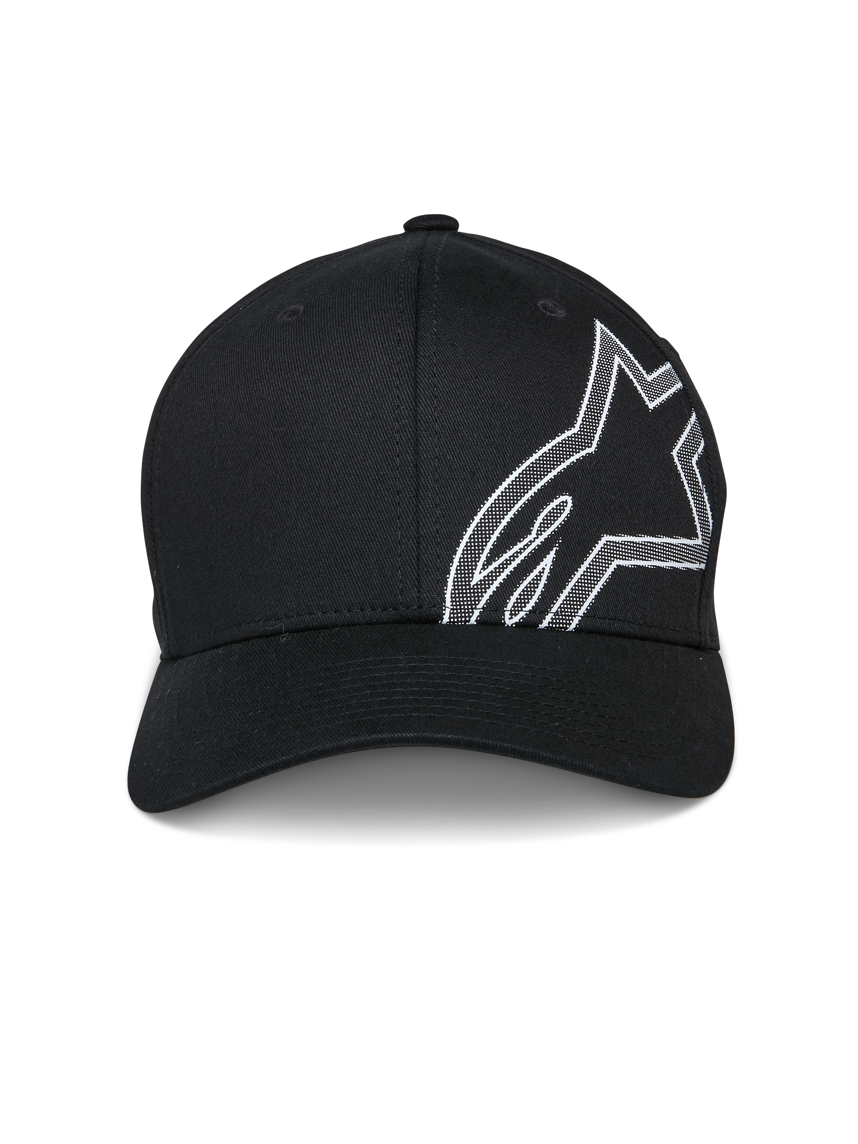 Alpinestars Share pet, zwarte baseballcap met een grote witte HD puff-print omtrek van het Astars-logo aan de zijkant, gebogen klep, gestructureerde kroon, casual op motorsport geïnspireerde sportkleding