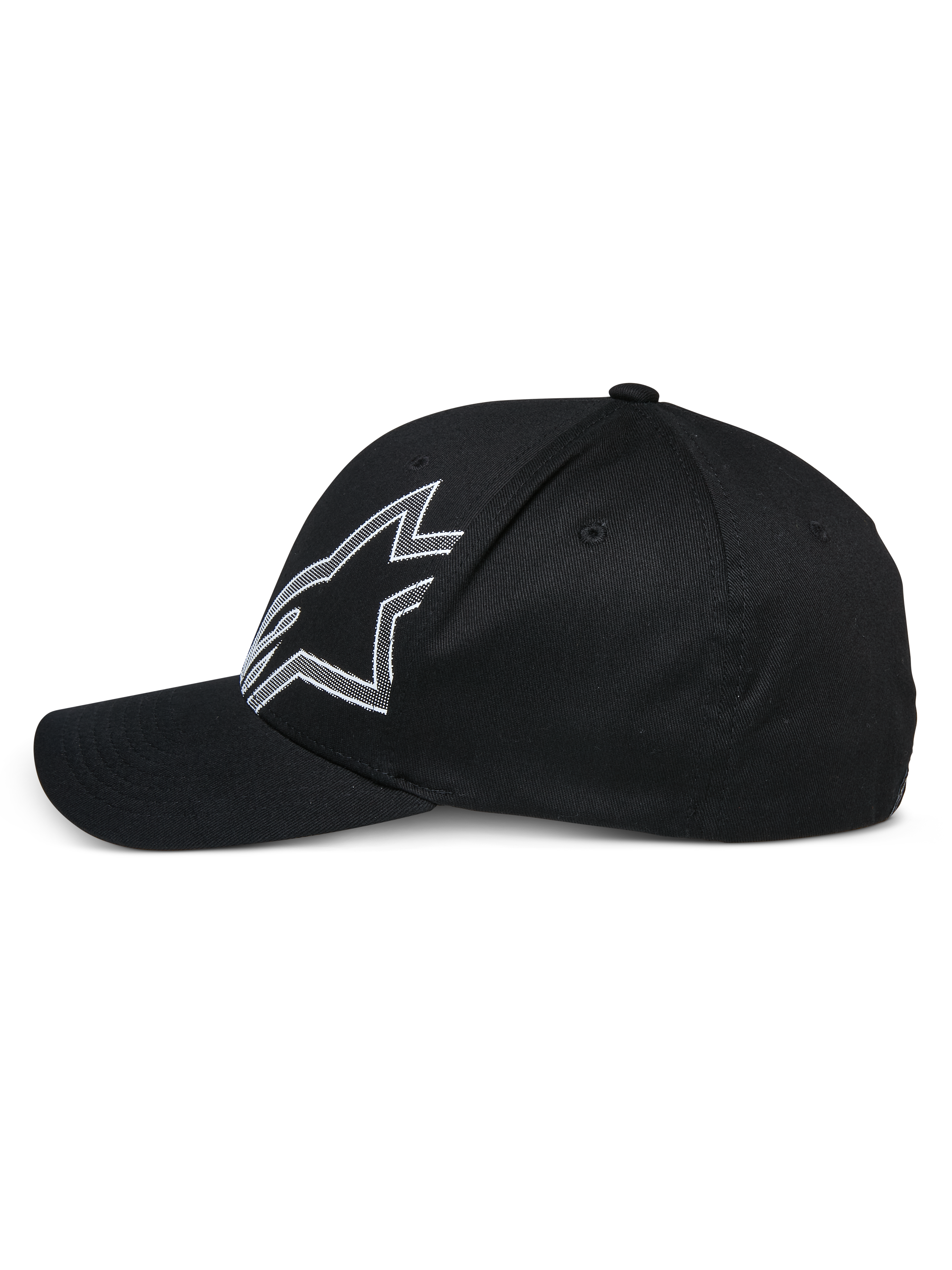 Alpinestars Share pet, zwarte baseballcap, zijaanzicht, met een groot wit omlijnd Astars-logo, gebogen klep, gestructureerde kroon, casual motorsport-geïnspireerde hoofdbedekking